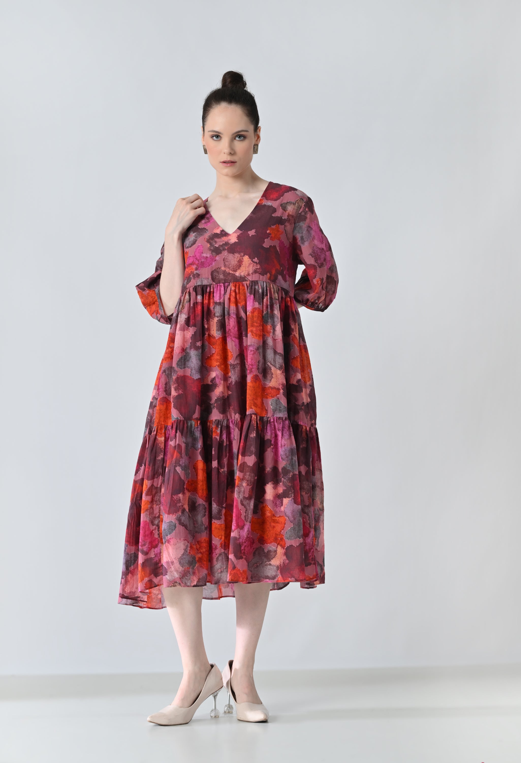 Crimson Red Bloom Multi Printed Tiered Dress