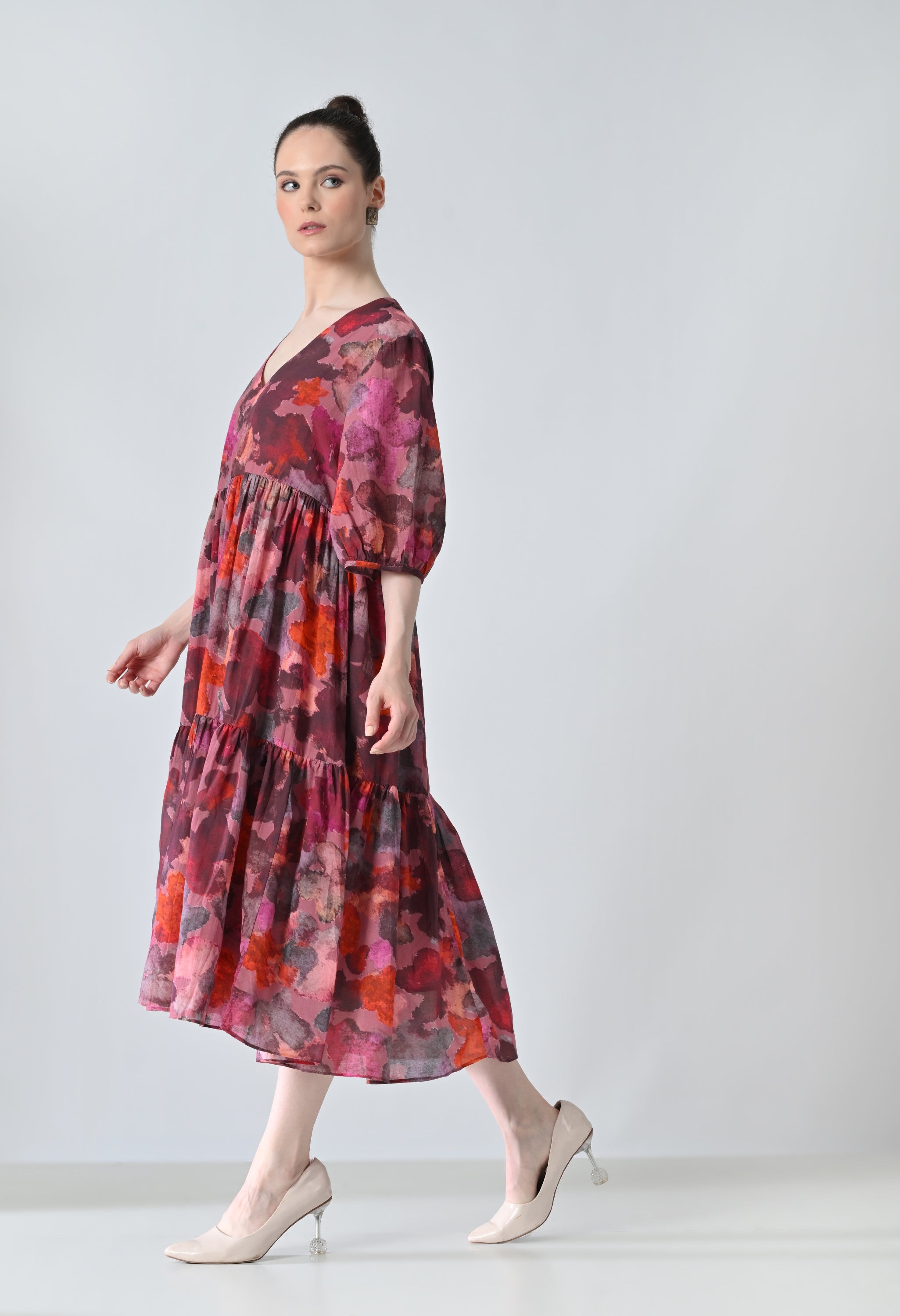Crimson Red Bloom Multi Printed Tiered Dress
