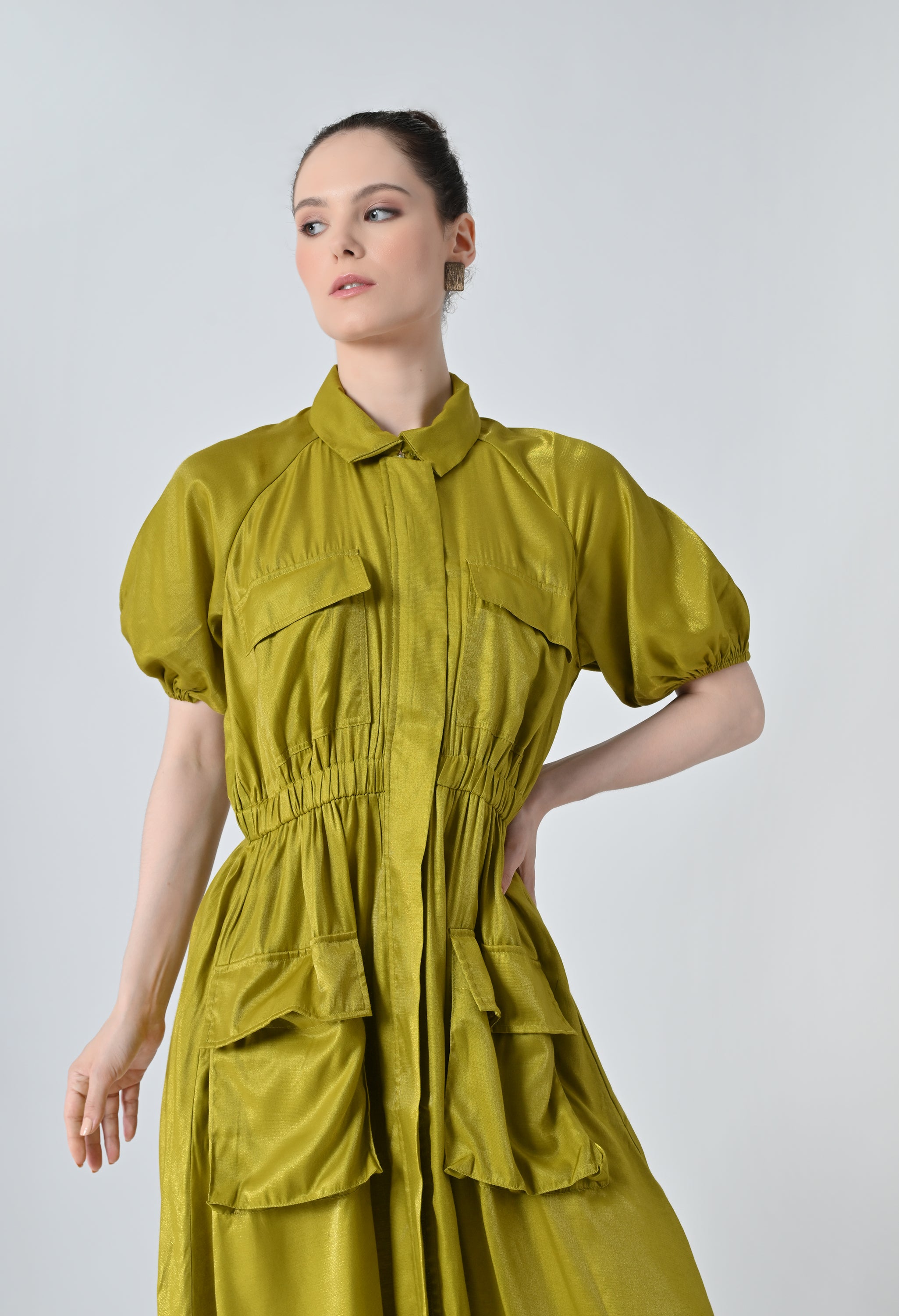 Olive Gathered Utility Dress With Pockets