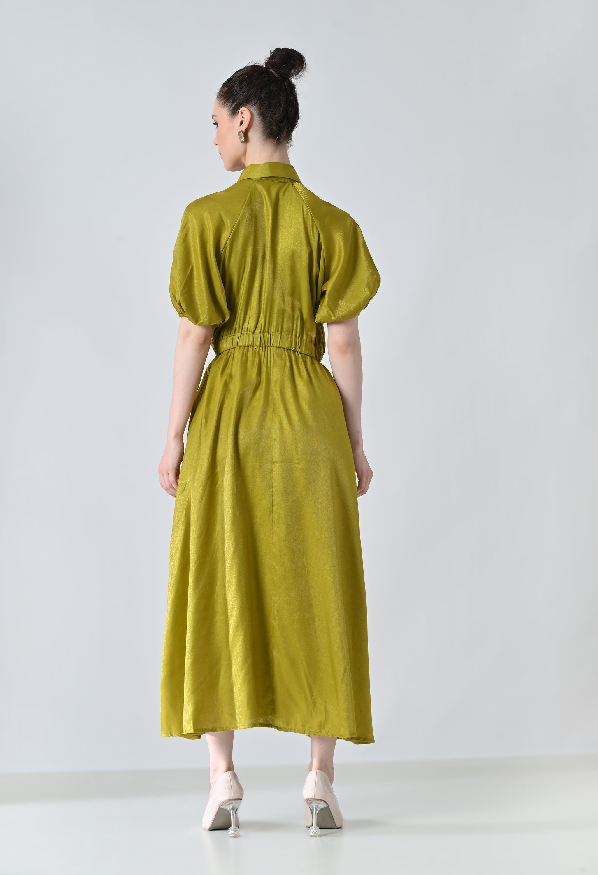 Olive Gathered Utility Dress With Pockets