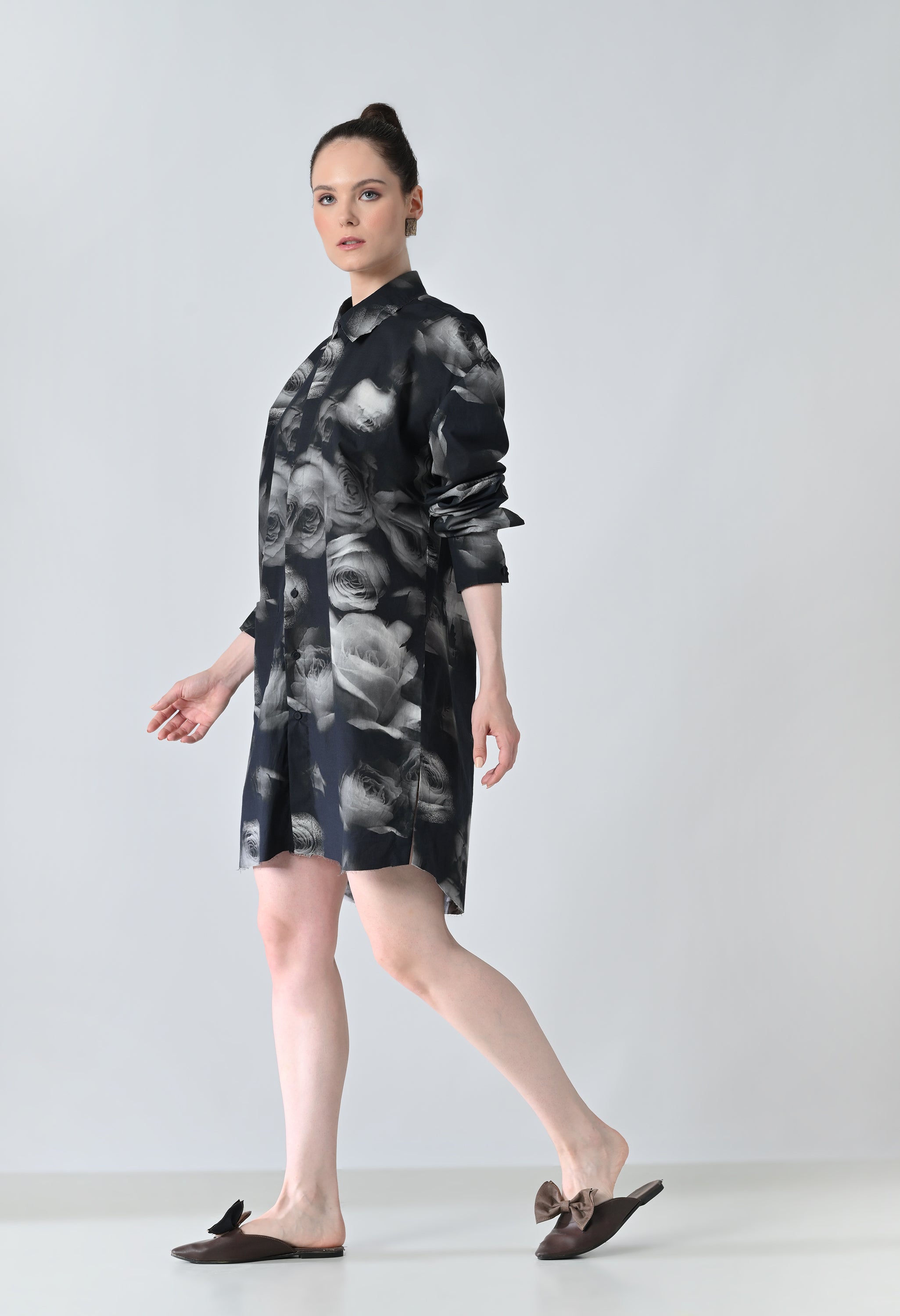 Black Blur Rose Printed Long Shirt