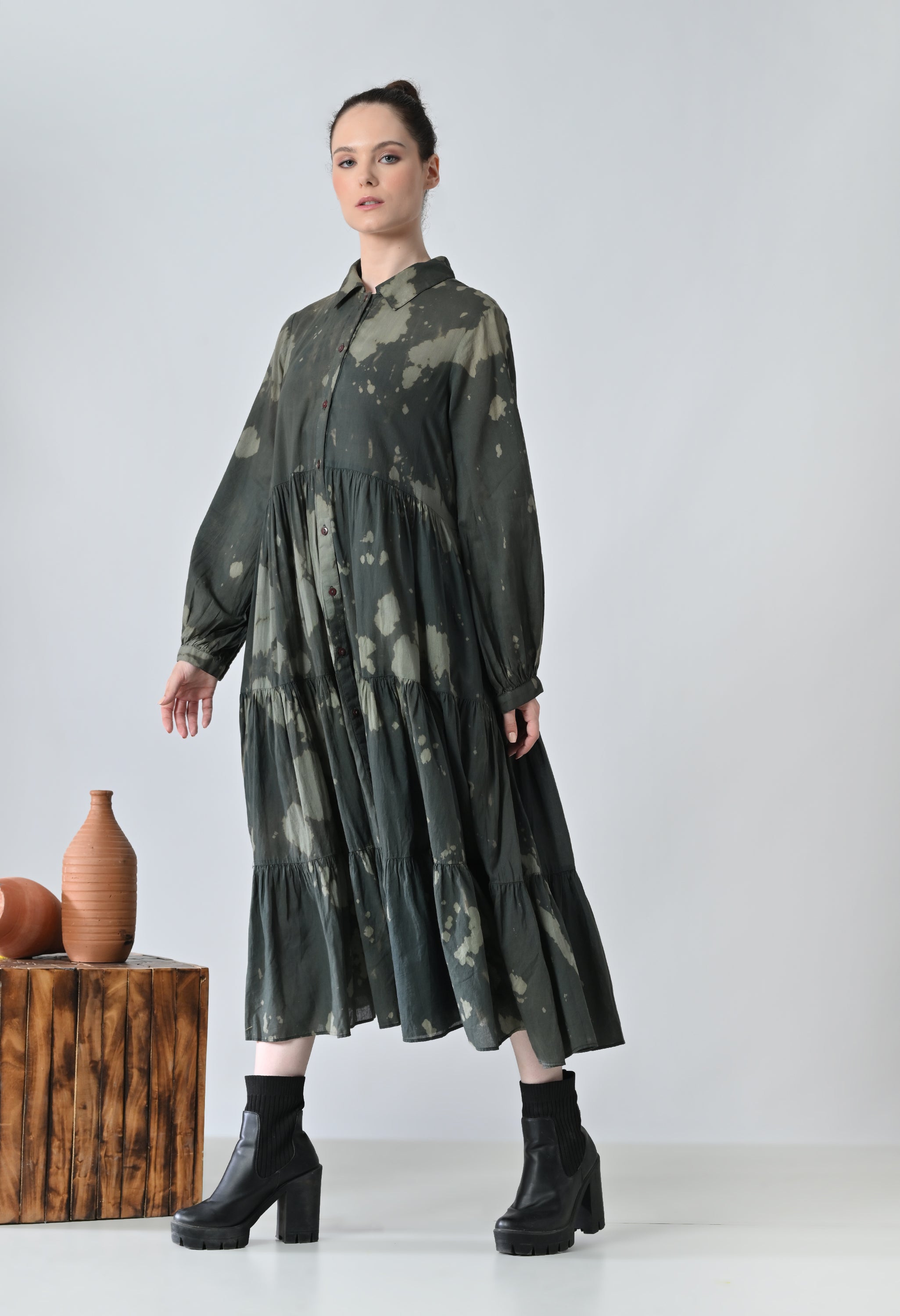 Forest Green Printed Tiered Shirt Dress