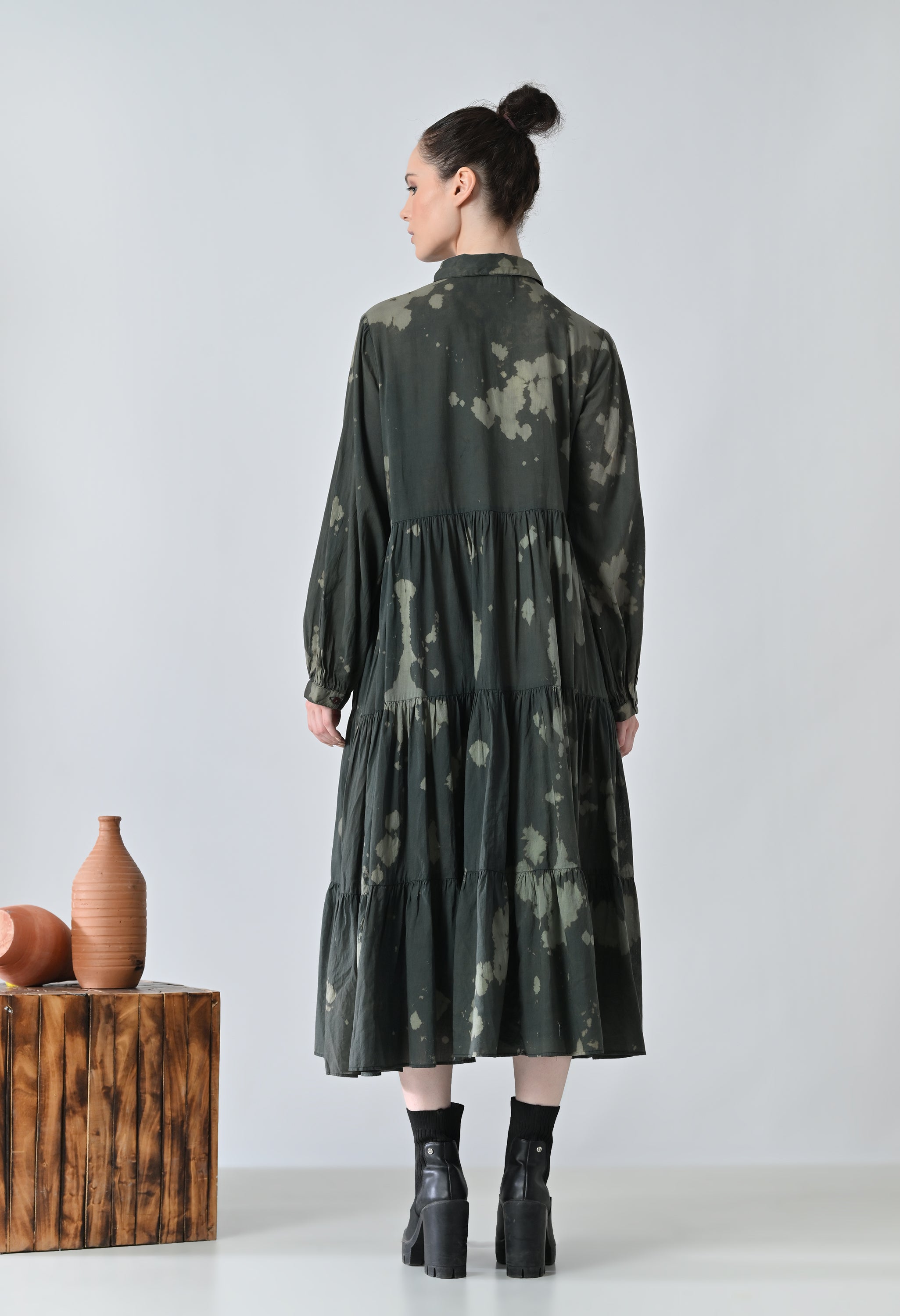 Forest Green Printed Tiered Shirt Dress