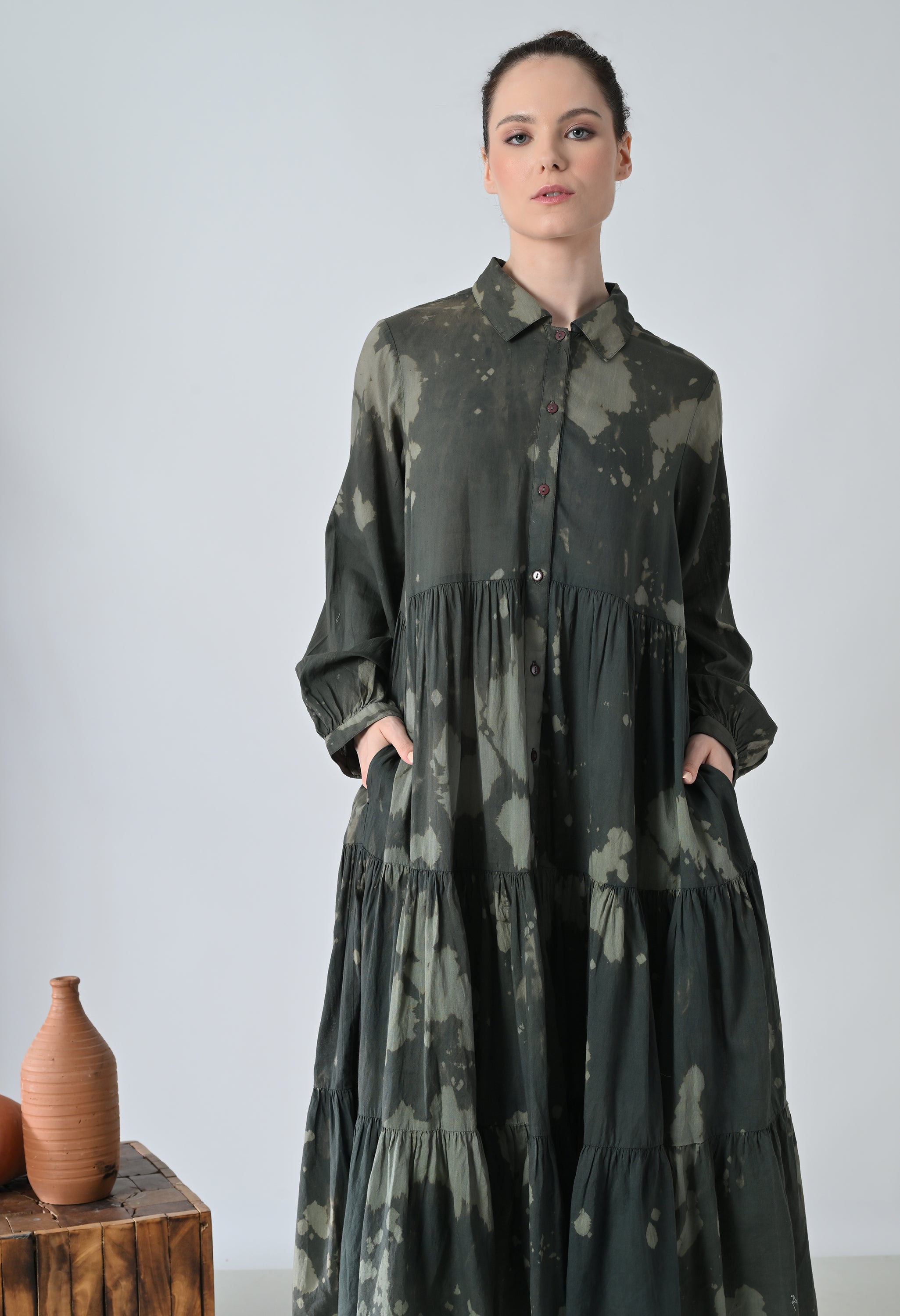 Forest Green Printed Tiered Shirt Dress
