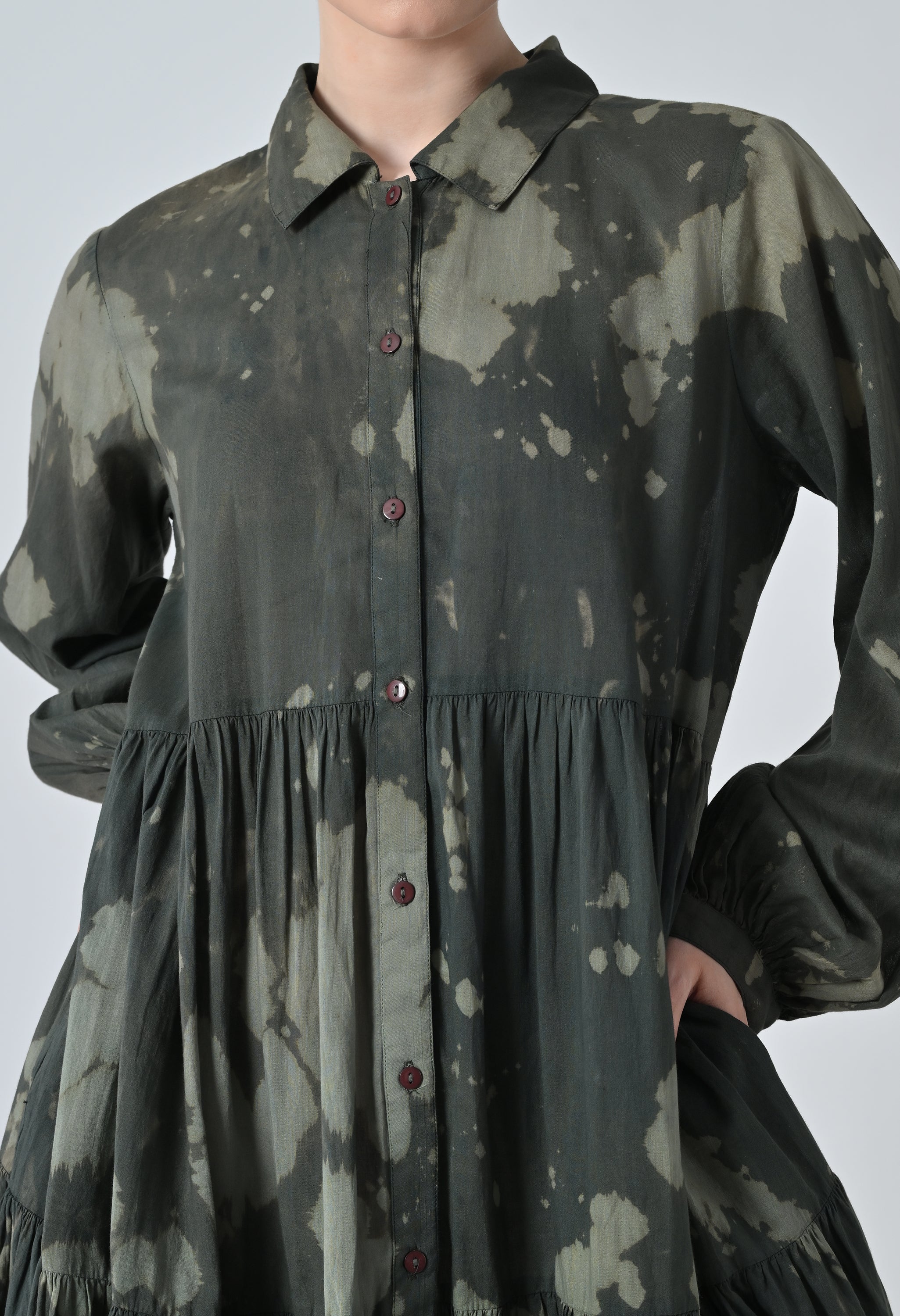 Forest Green Printed Tiered Shirt Dress