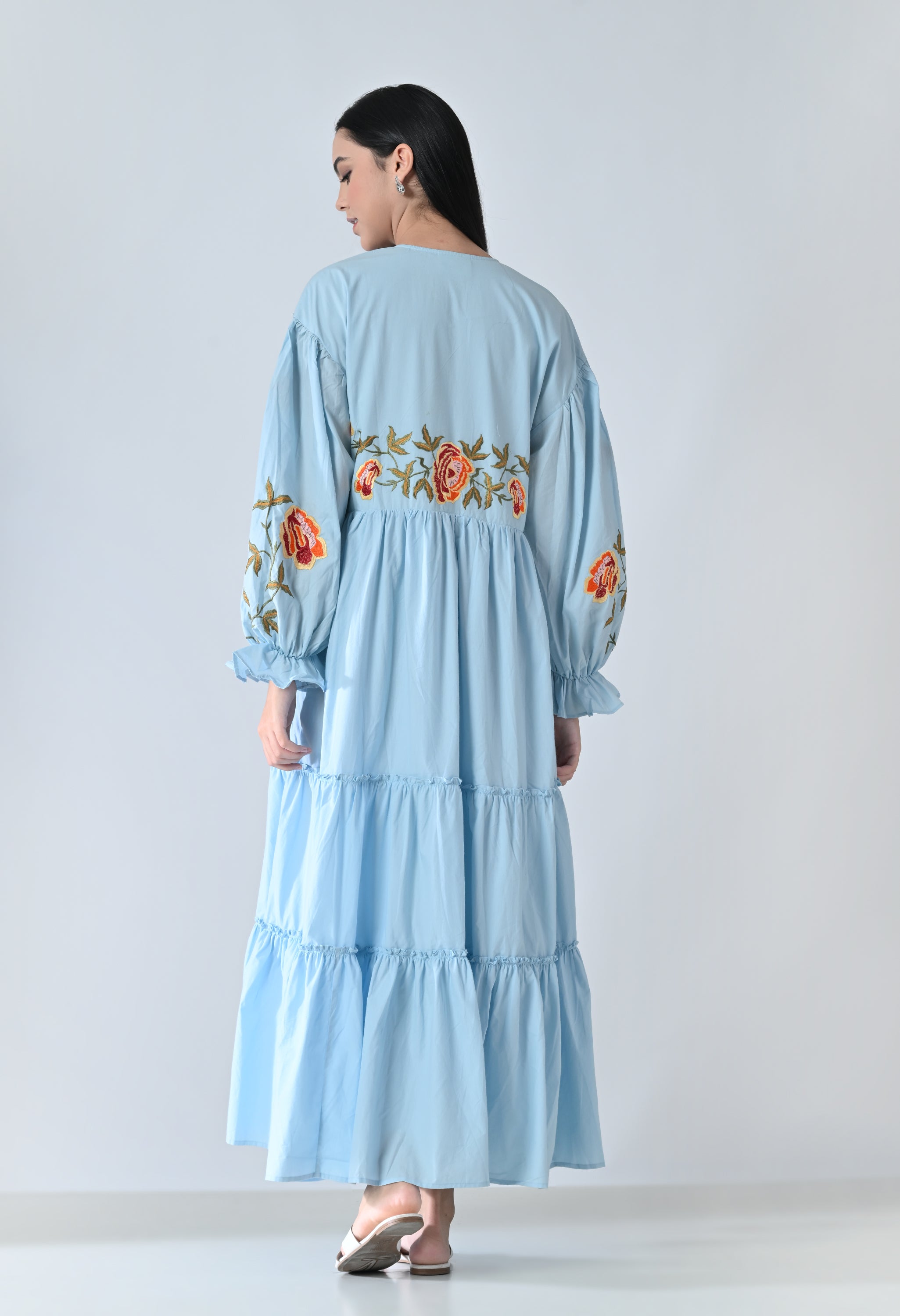 Powder Blue Embroidered Tiered Dress