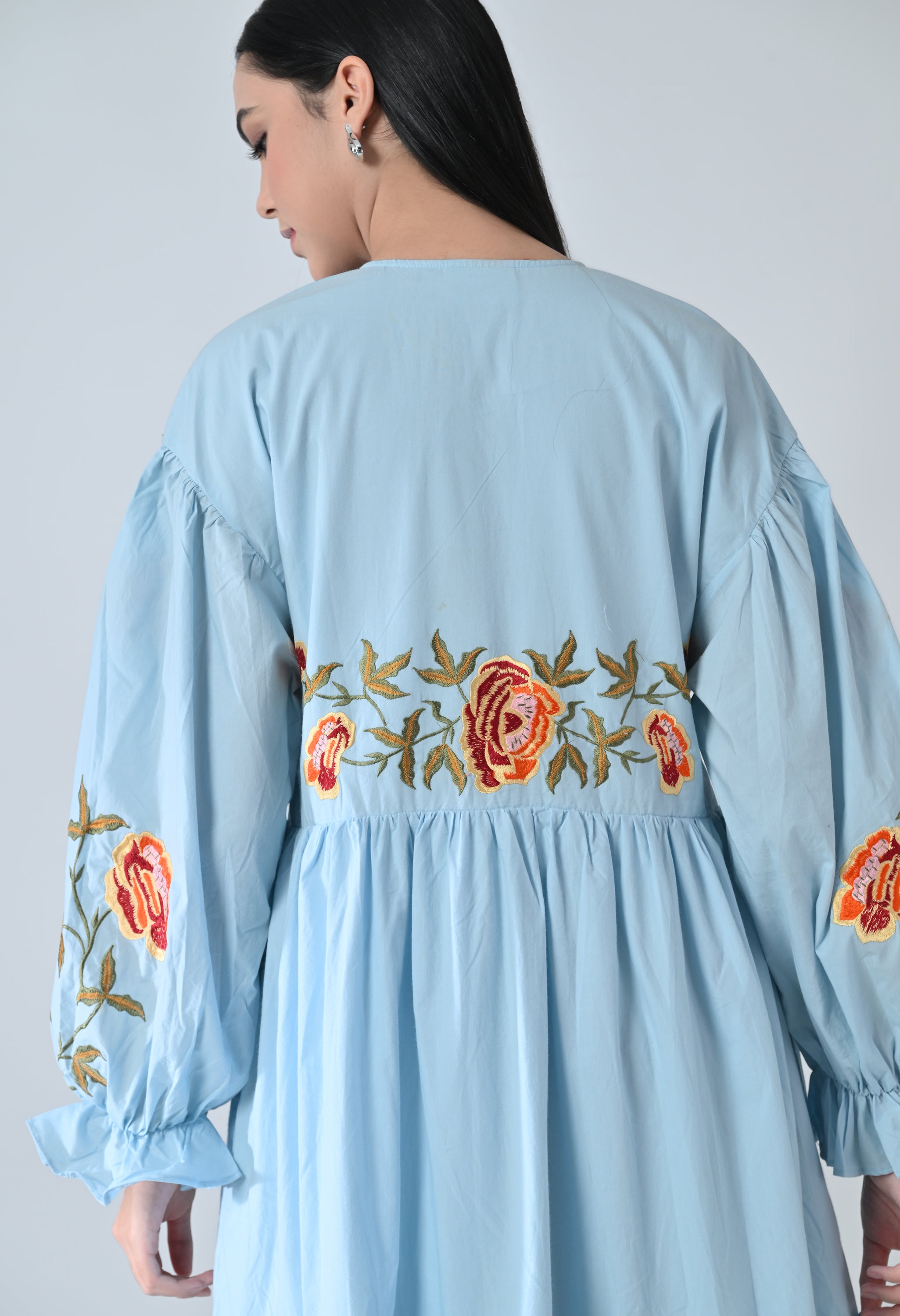 Powder Blue Embroidered Tiered Dress