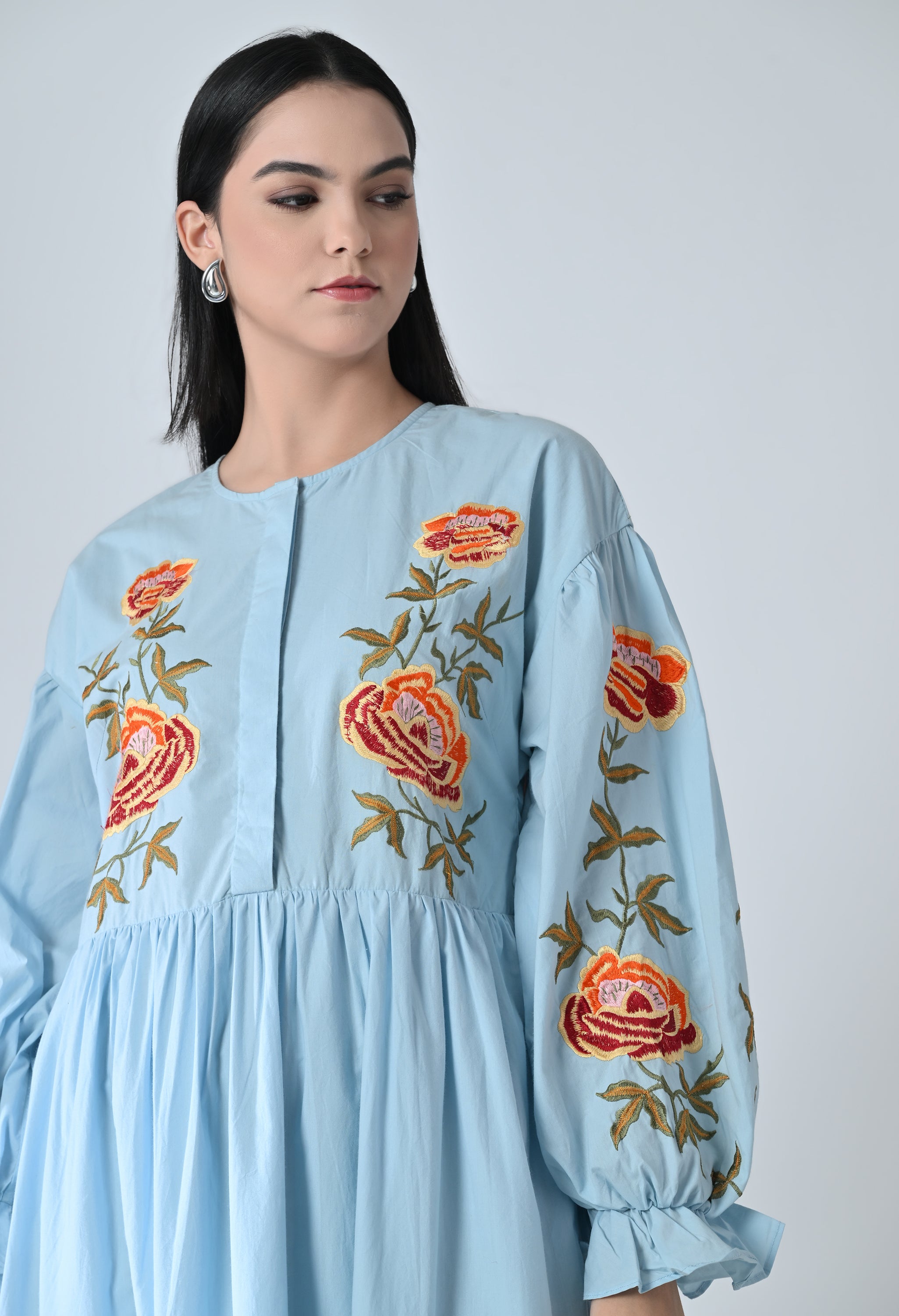 Powder Blue Embroidered Tiered Dress