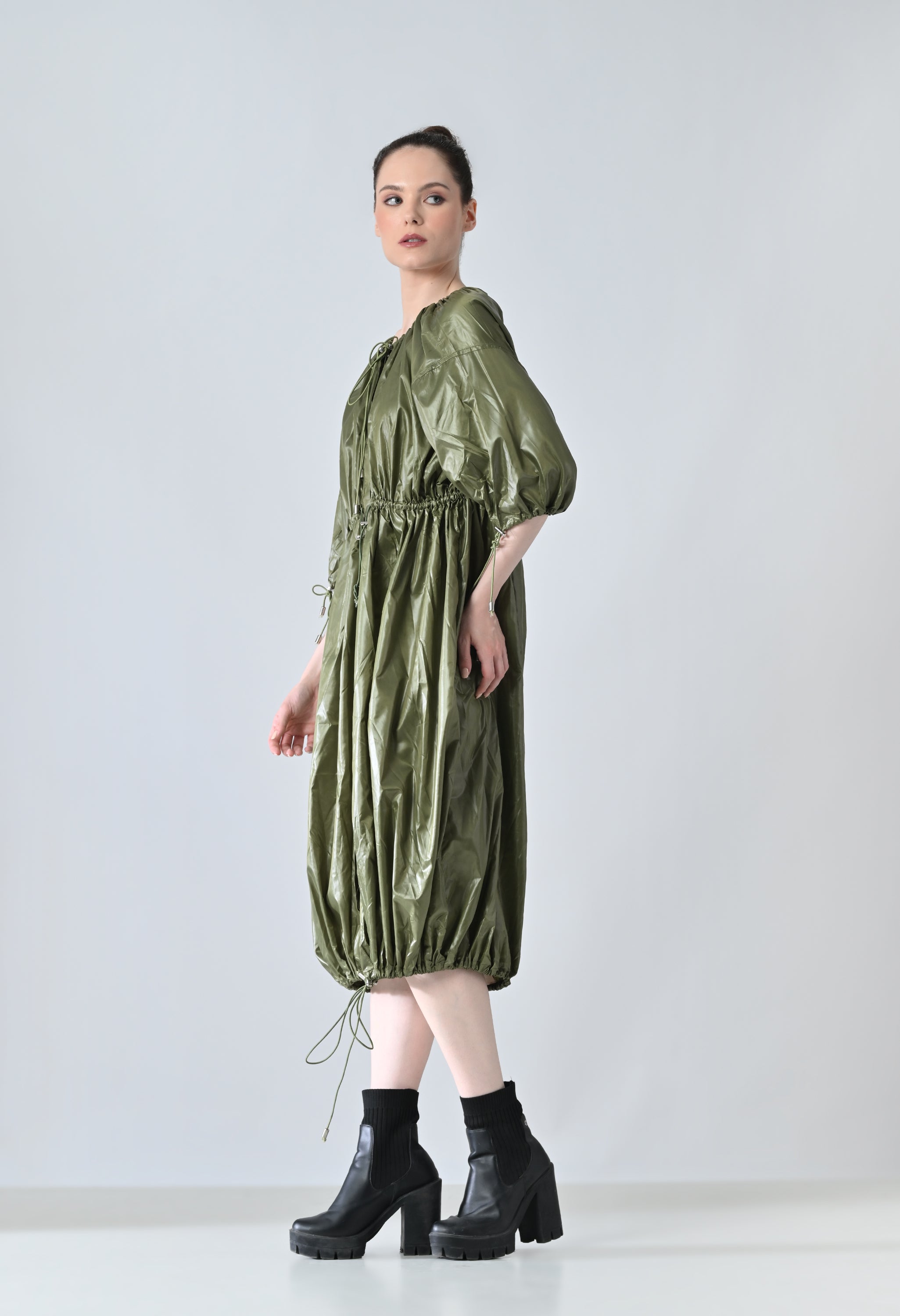 Olive Utility Gathered Ballon Dress