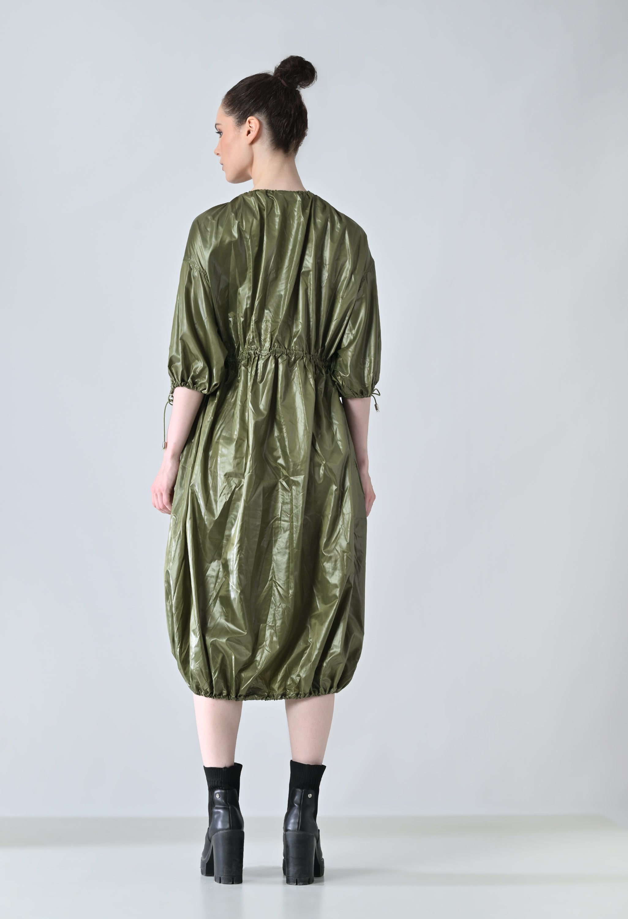 Olive Utility Gathered Ballon Dress