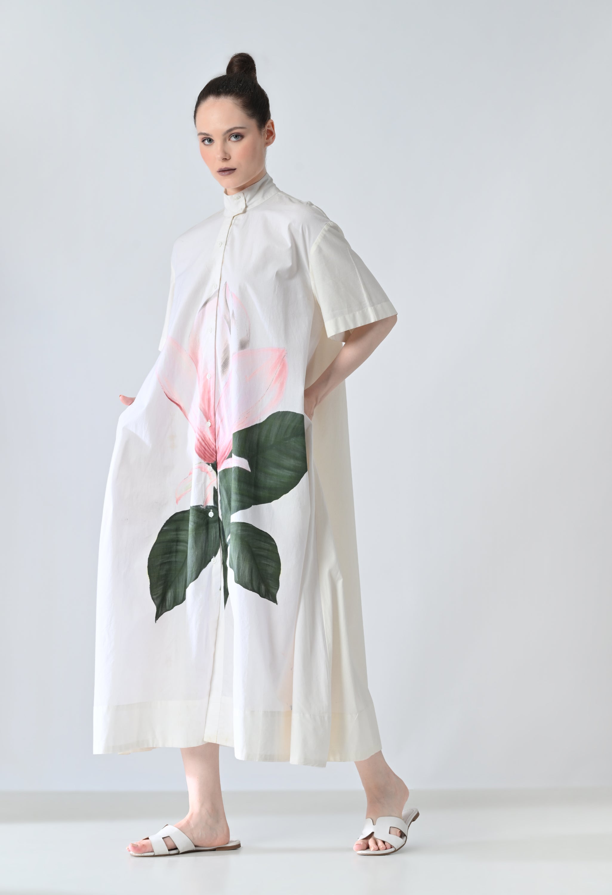 Ivory Blossom Printed Statement Shirt Dress