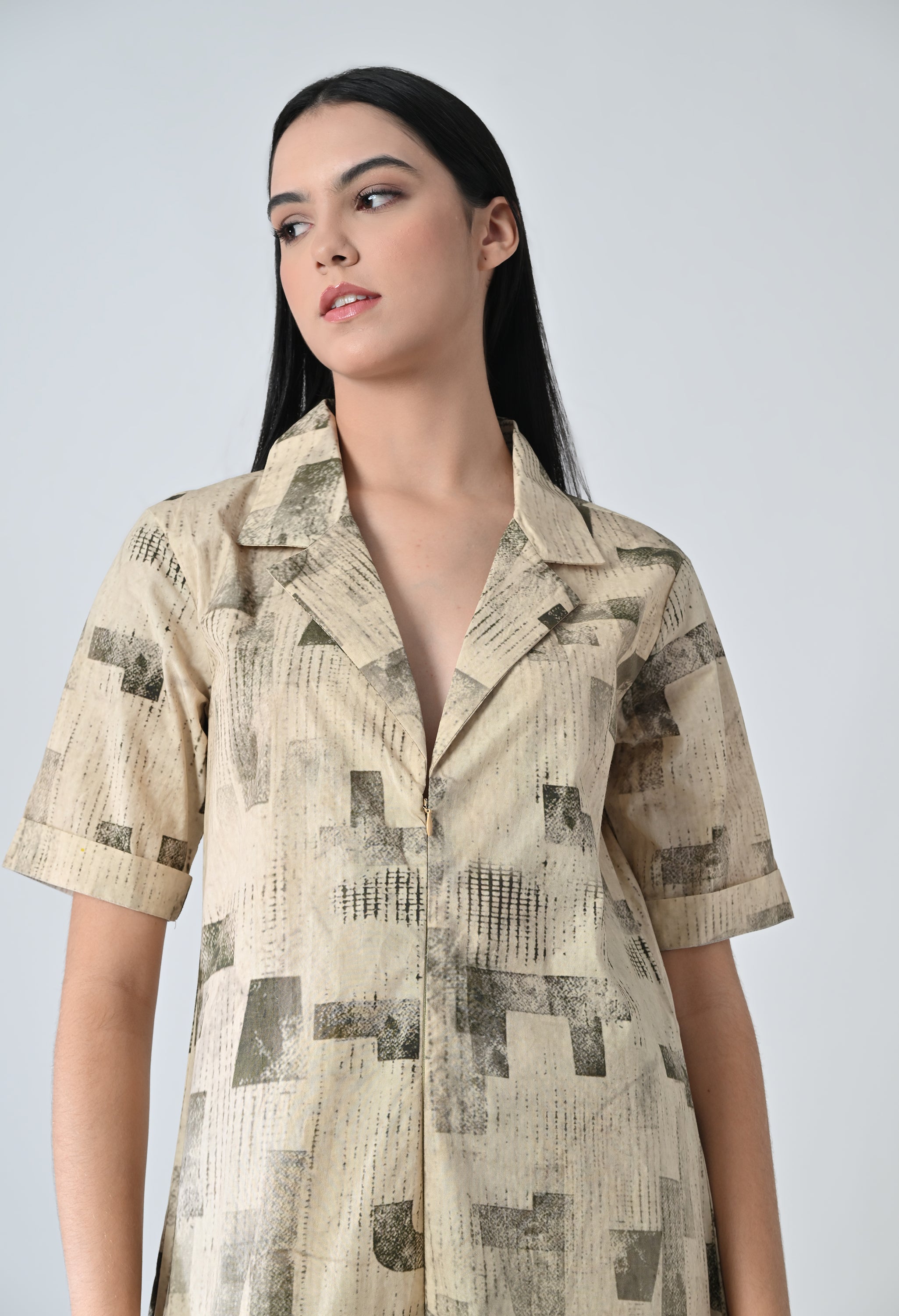 Beige Printed Relaxed Fit Jumpsuit