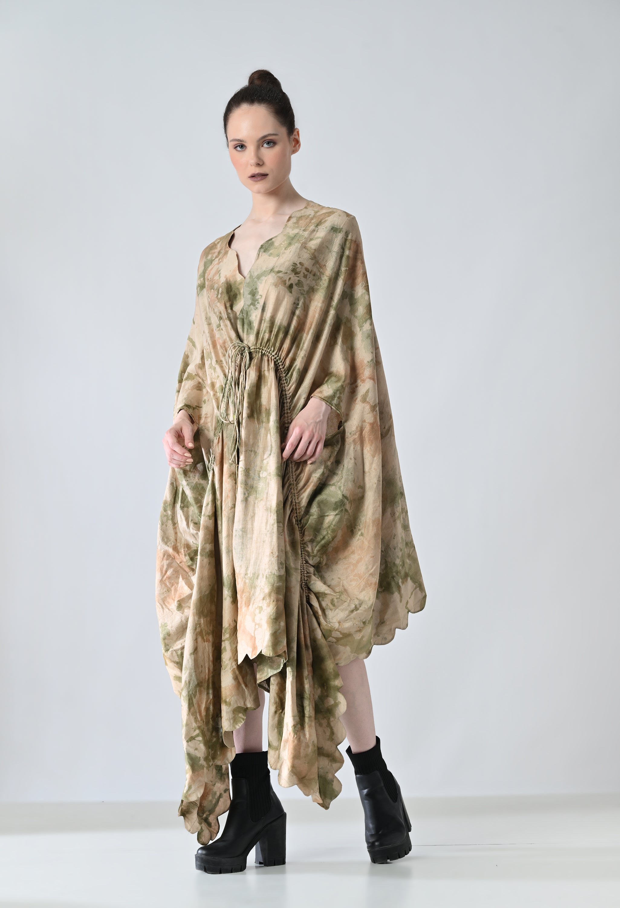 Desert Beige Drape Gathered Printed Kaftan Dress