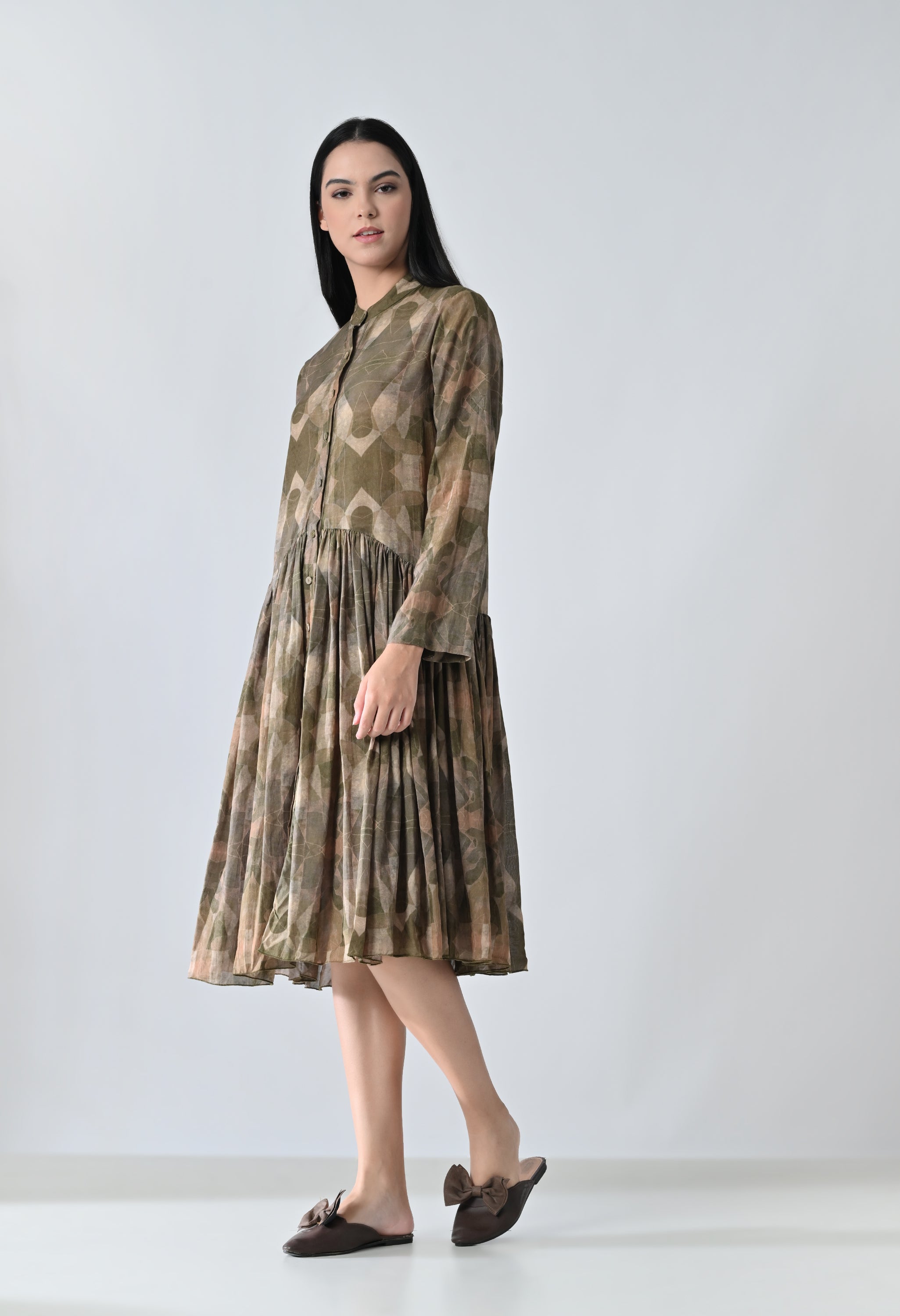 Beige Printed Pleated Dress