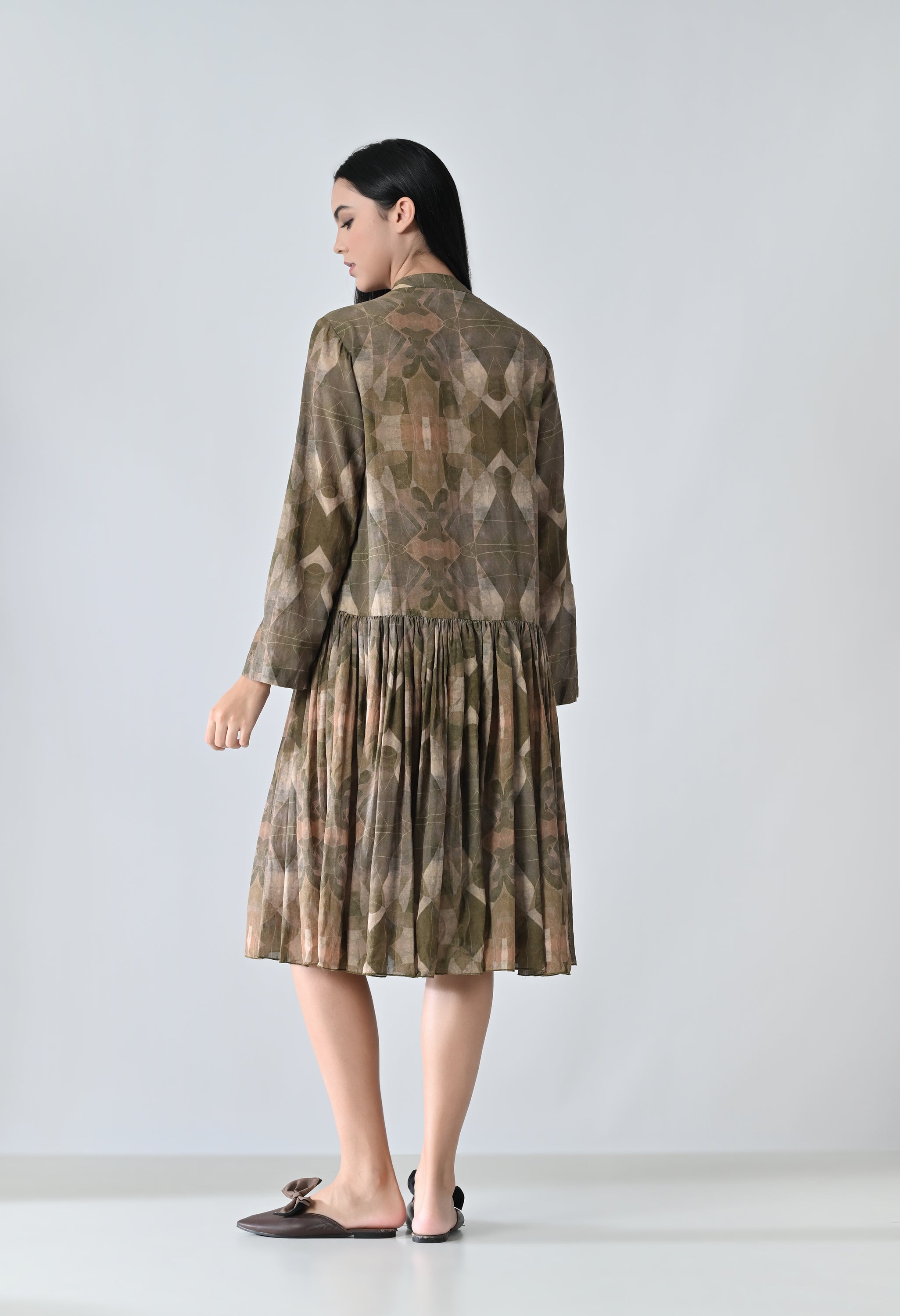 Beige Printed Pleated Dress