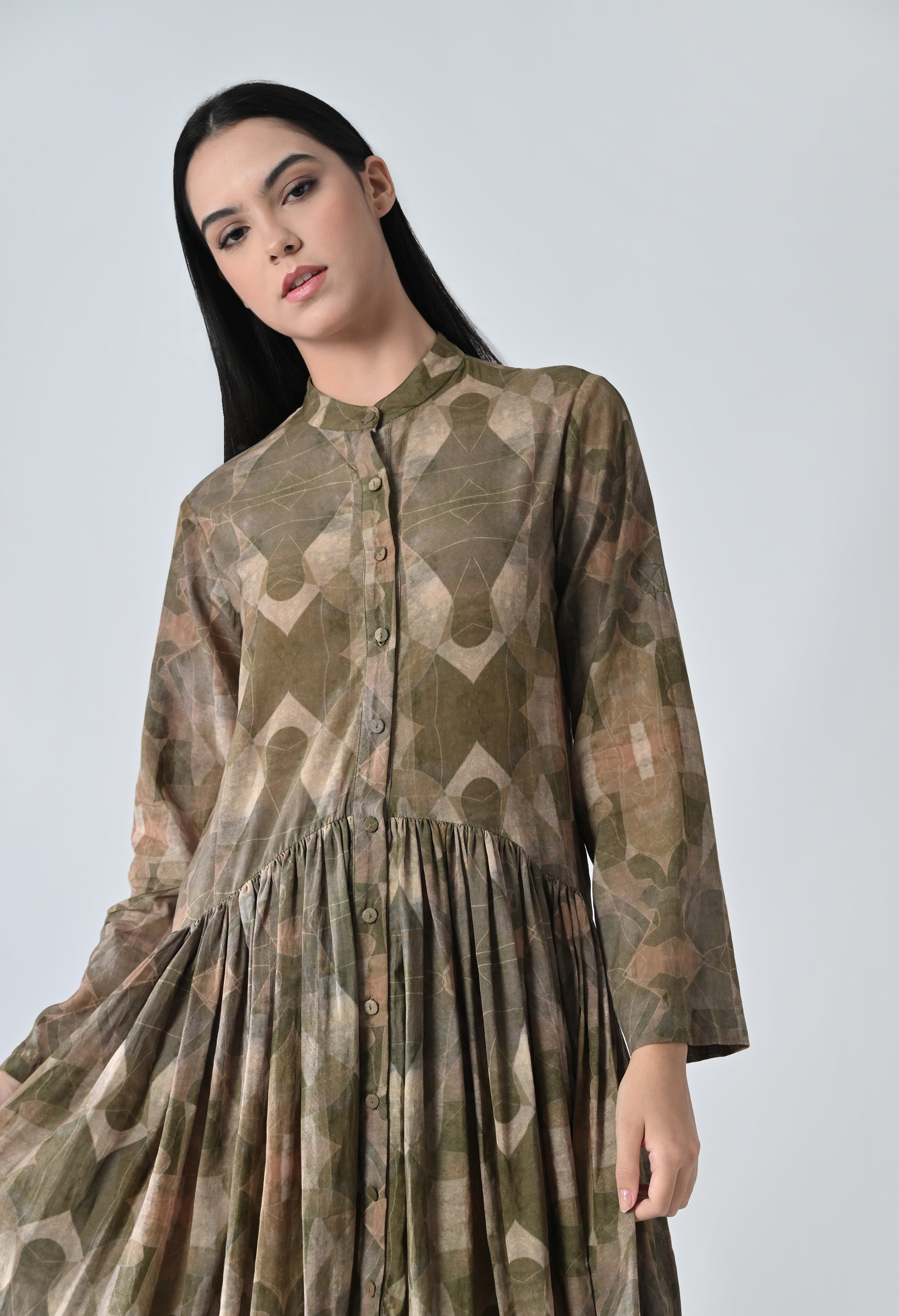 Beige Printed Pleated Dress