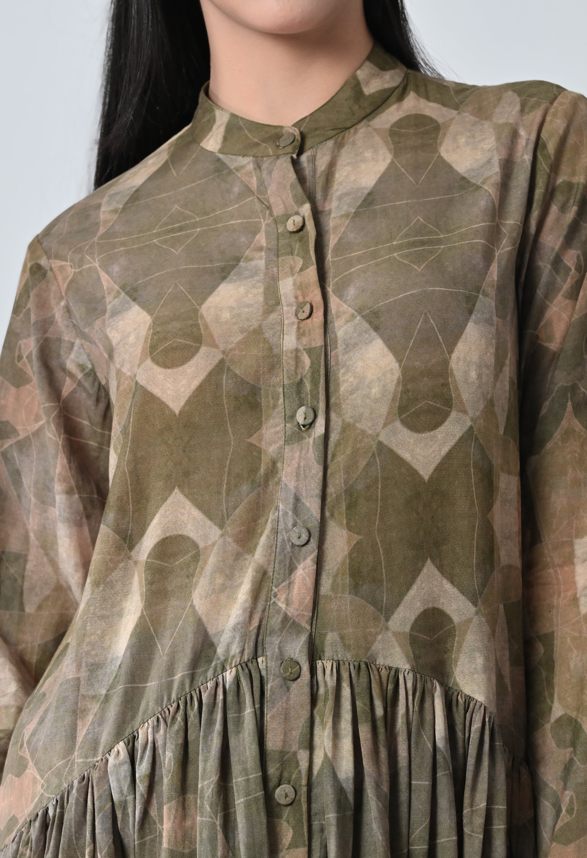 Beige Printed Pleated Dress