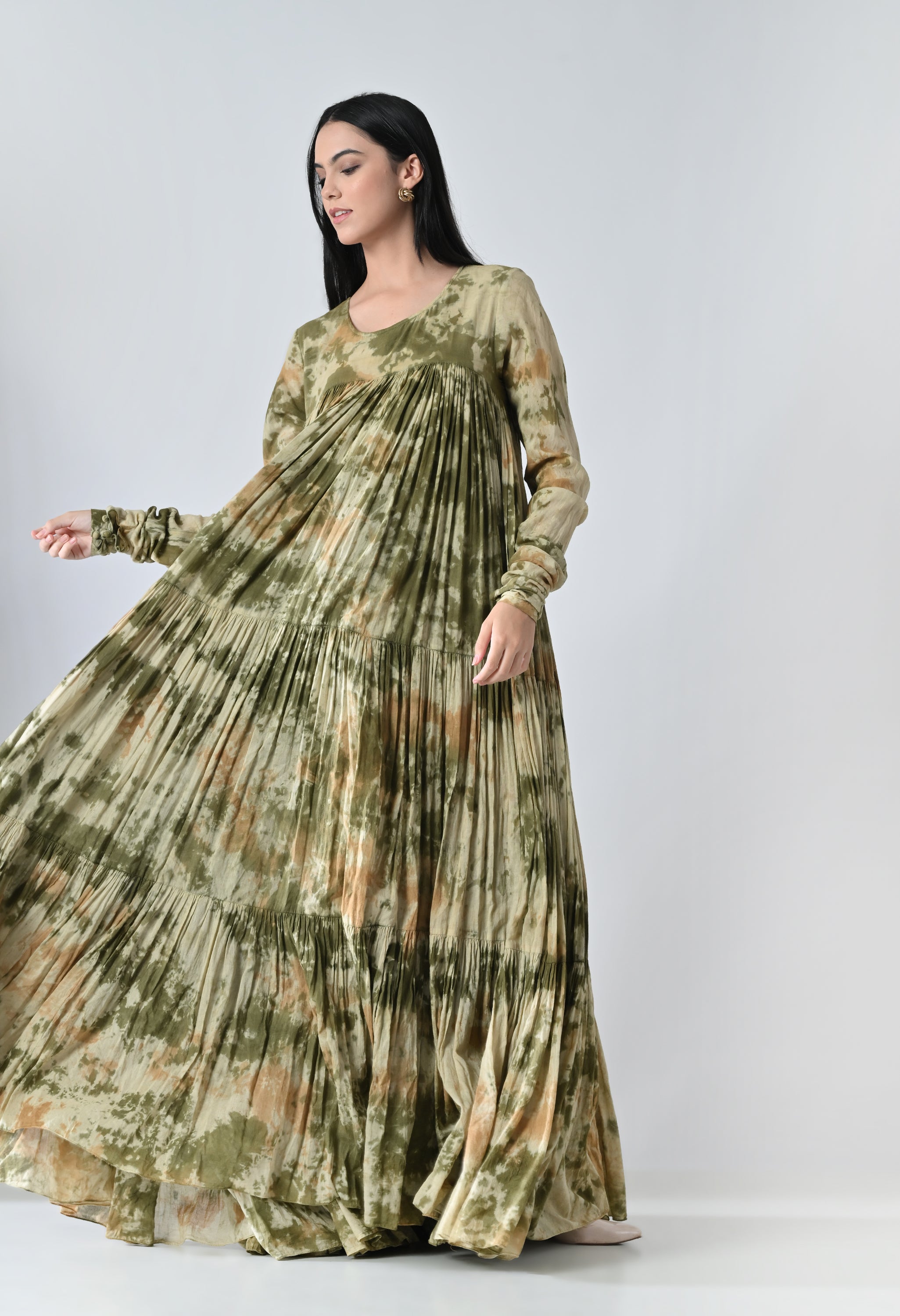 Olive Meadow Pleated Printed Dress