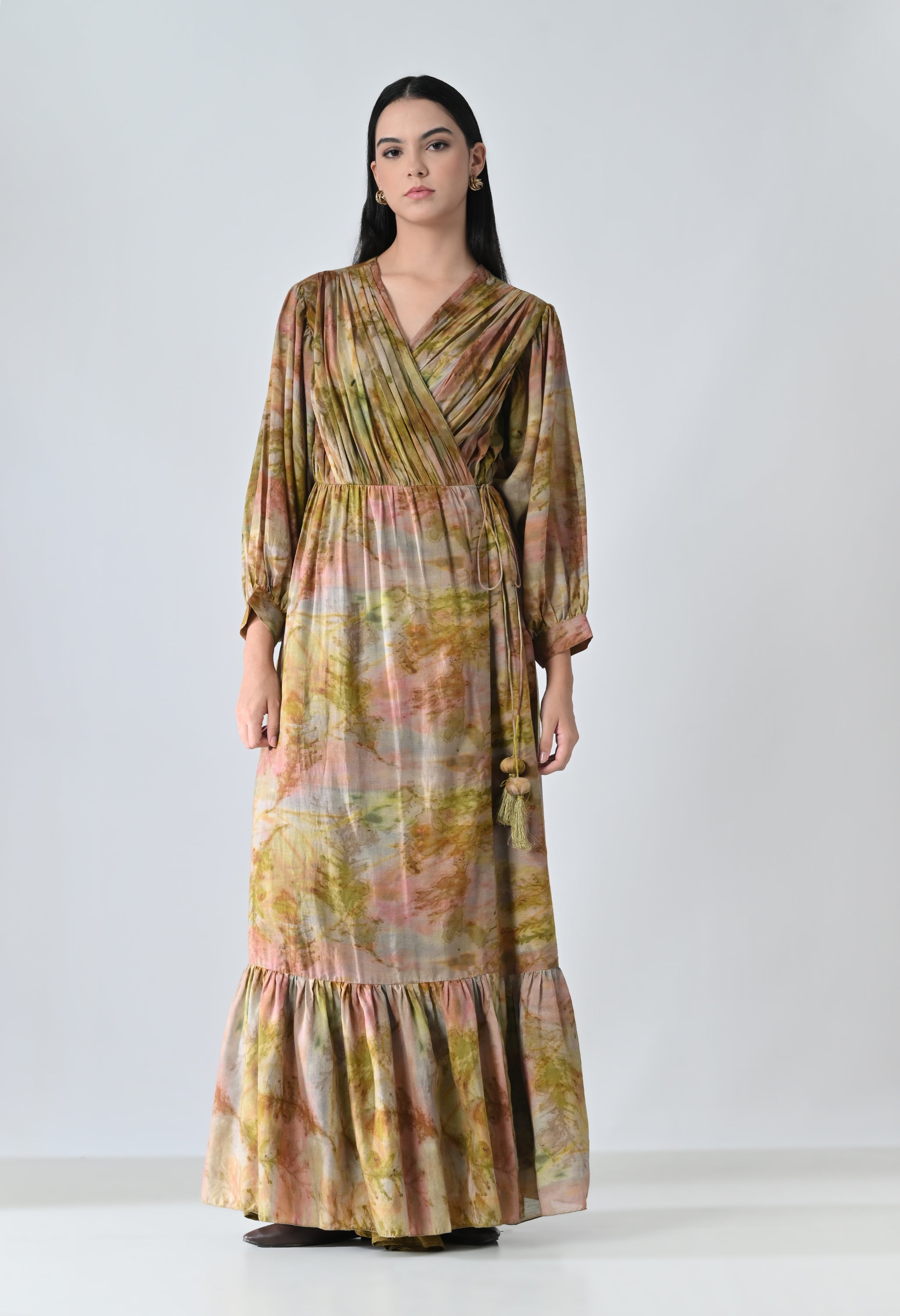Beige Verdant Wrap Tiered Long Printed Dress