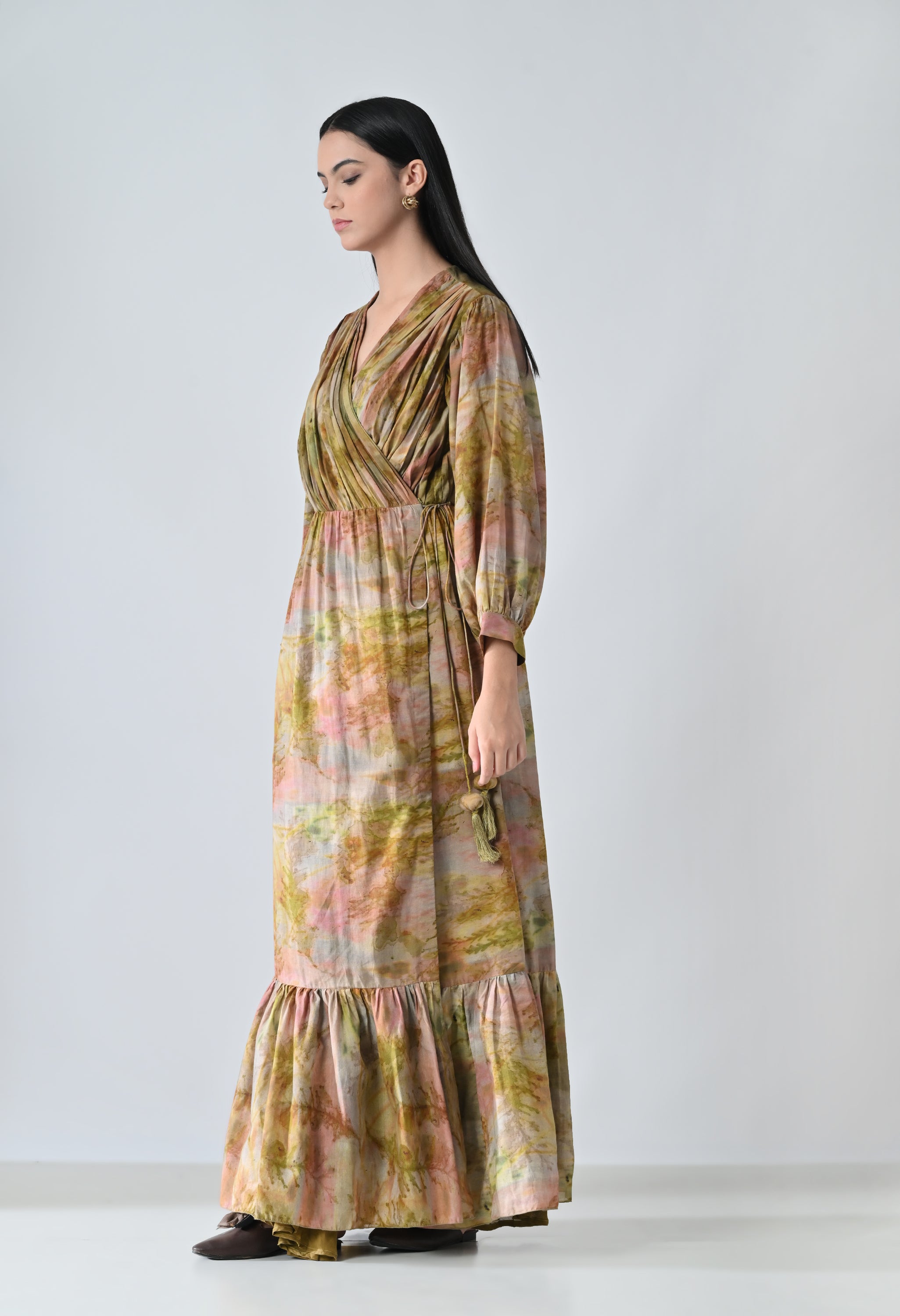 Beige Verdant Wrap Tiered Long Printed Dress