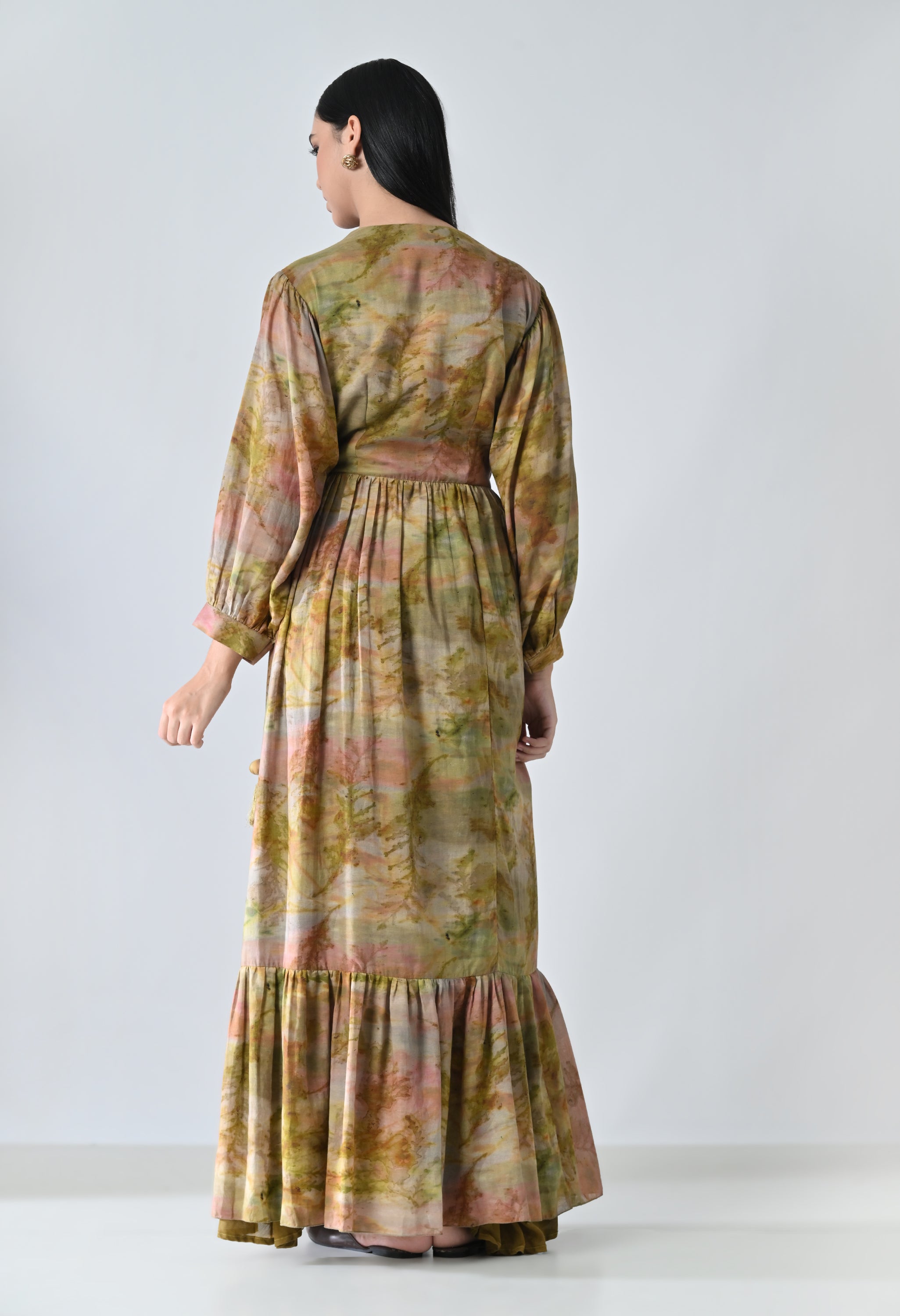 Beige Verdant Wrap Tiered Long Printed Dress