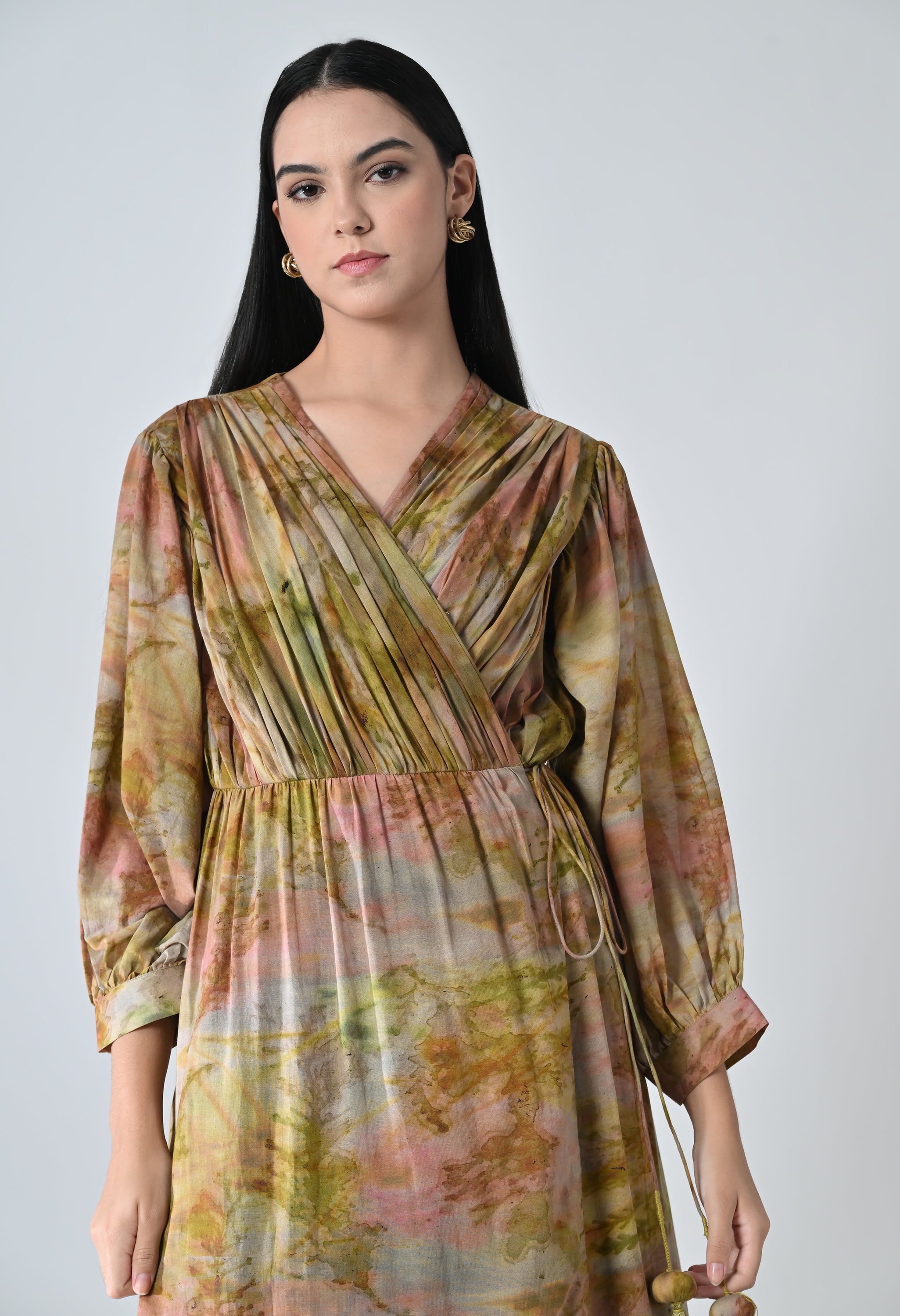 Beige Verdant Wrap Tiered Long Printed Dress