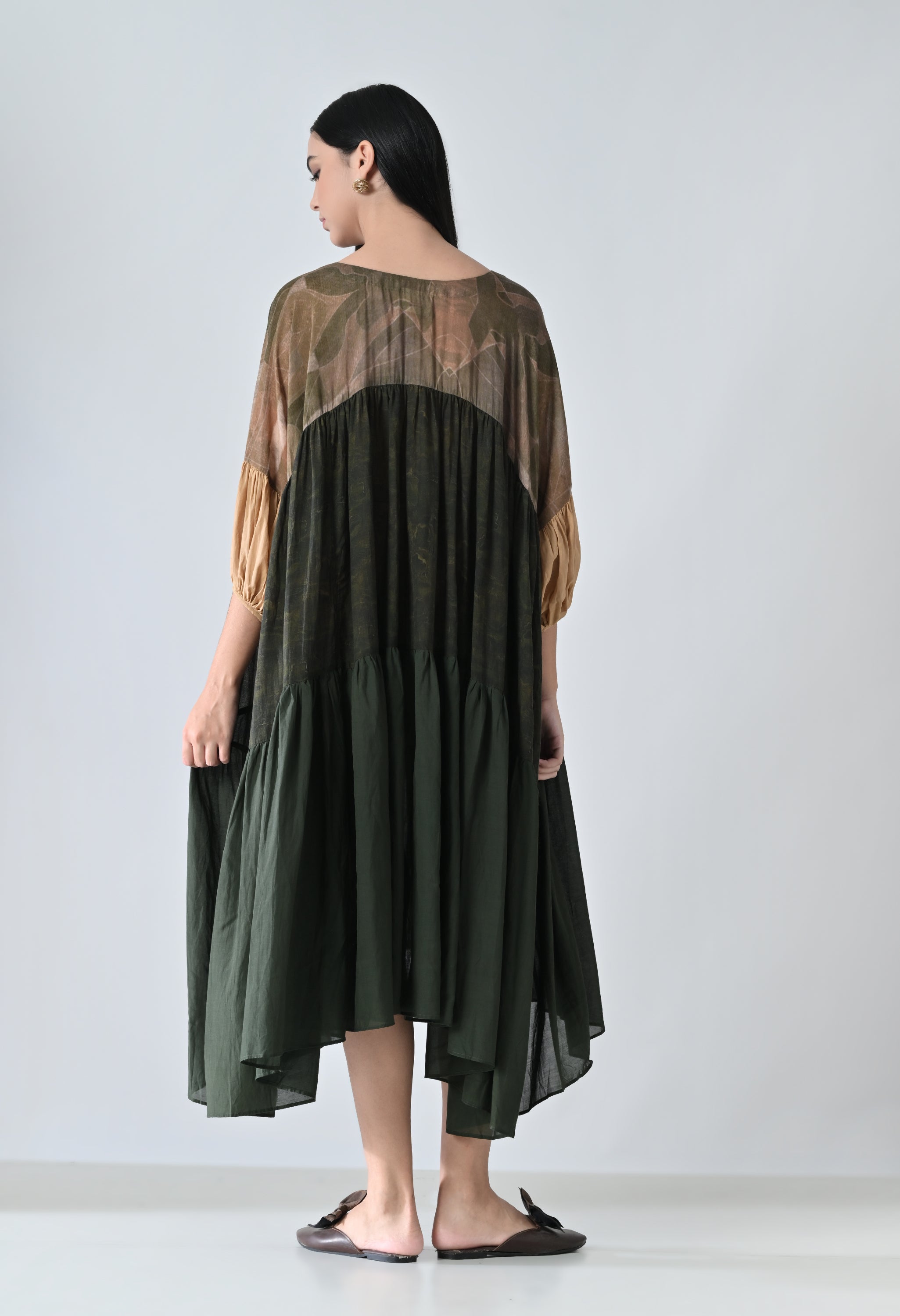 Olive Green Drift Printed High Low Gathered Dress