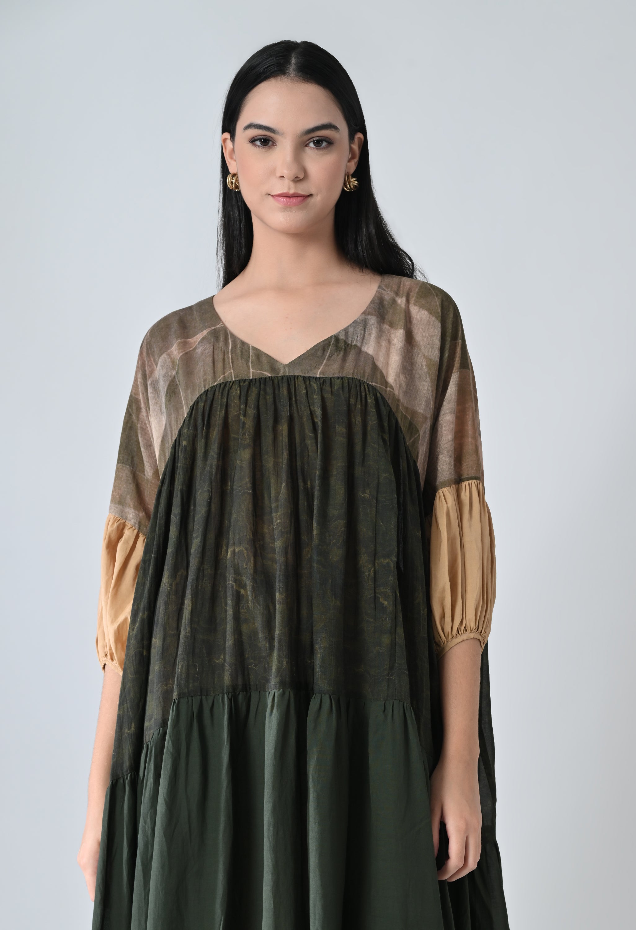 Olive Green Drift Printed High Low Gathered Dress