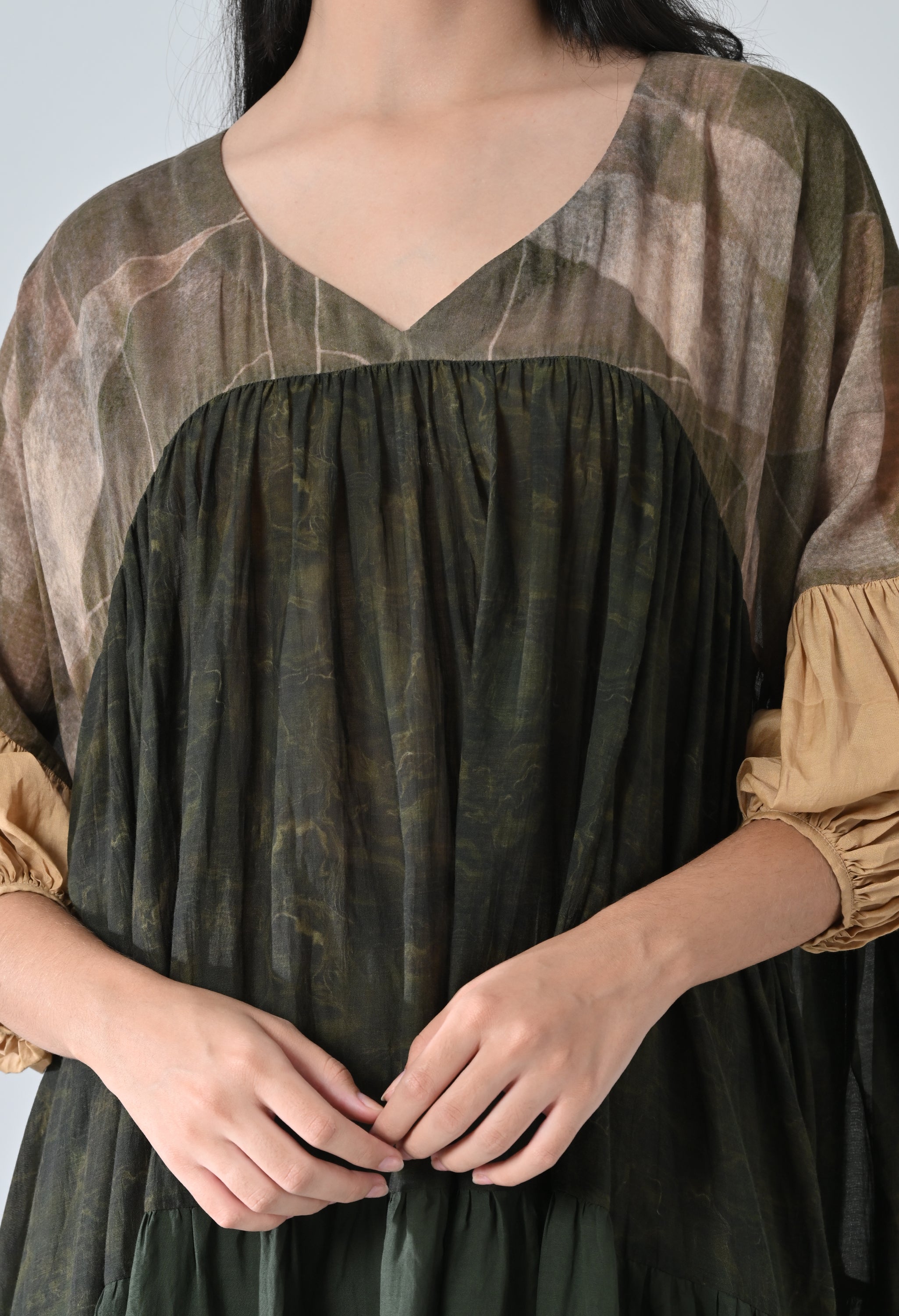 Olive Green Drift Printed High Low Gathered Dress