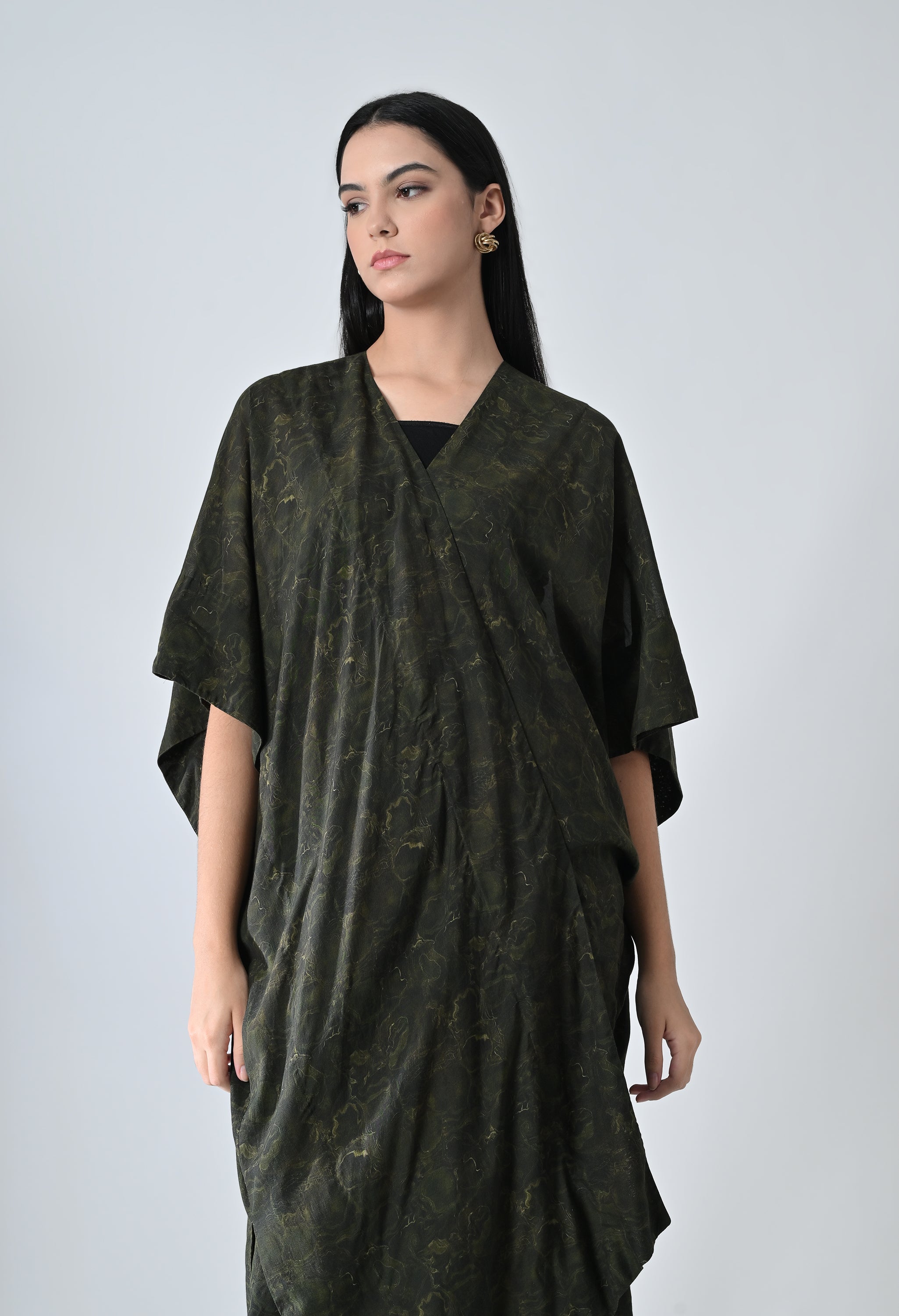 Olive Moss Draped Overlay Kaftan