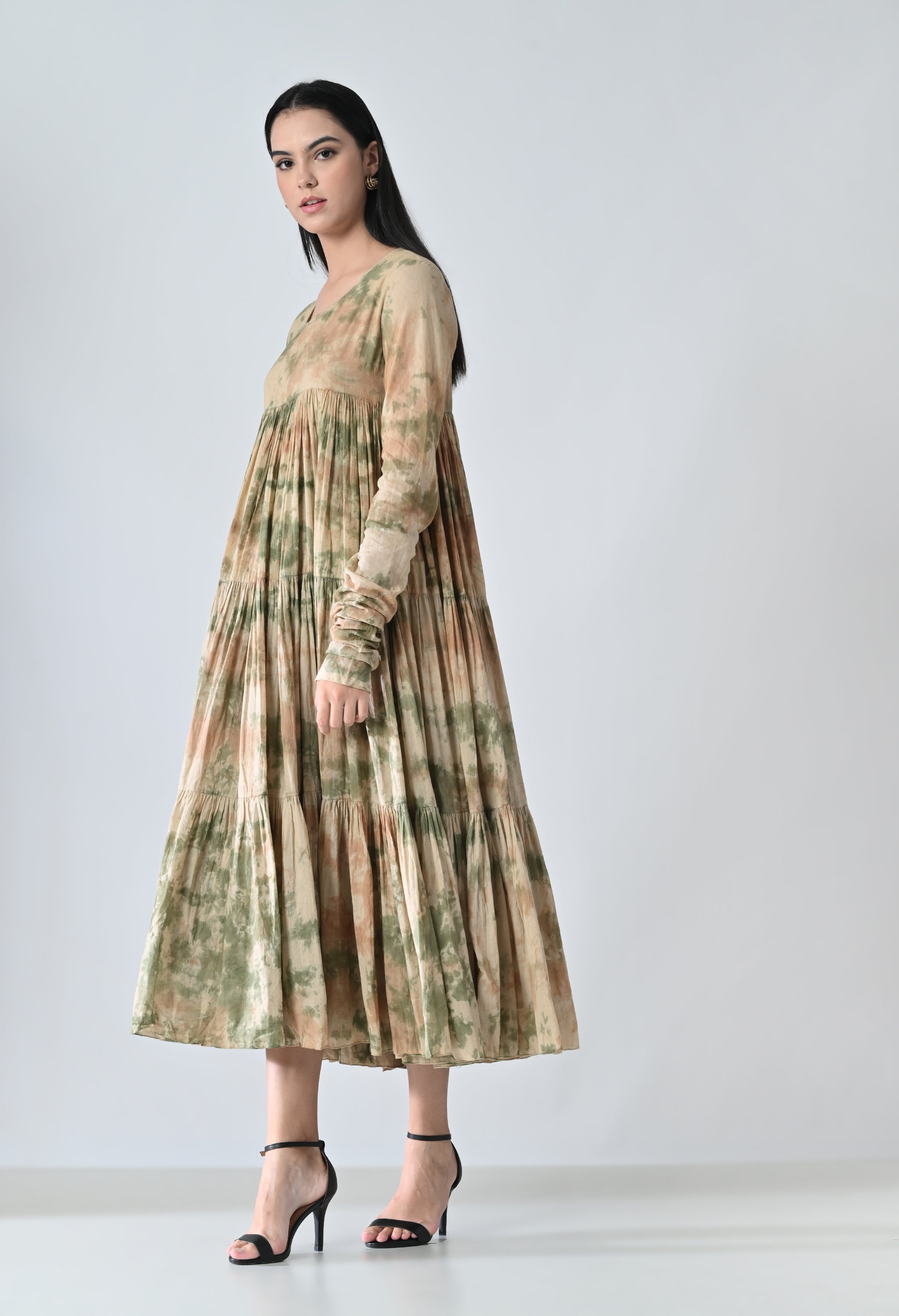 Beige Mist Printed Tiered Midi Dress
