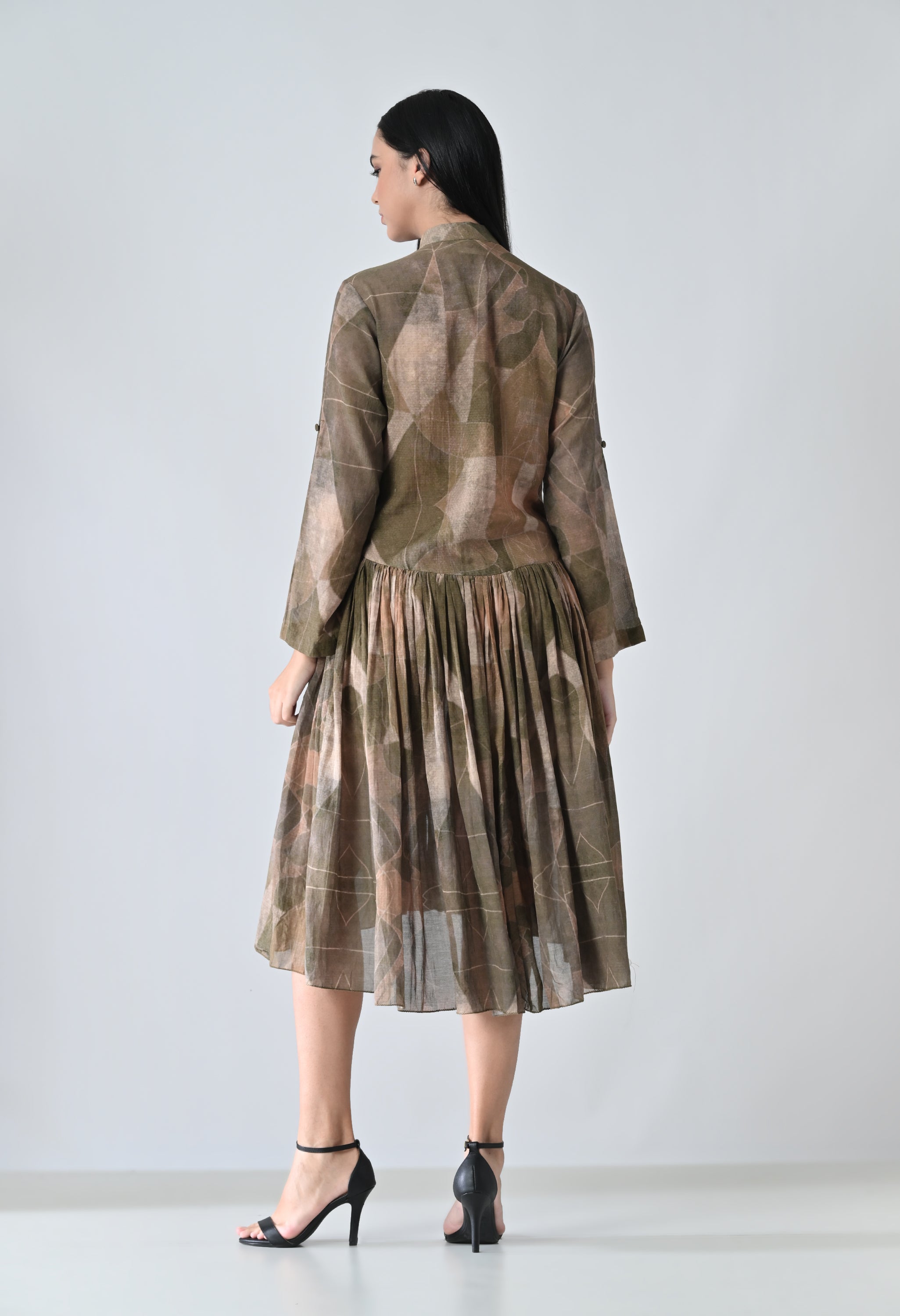 Beige Earth Muse Gathered Waistline Printed Dress