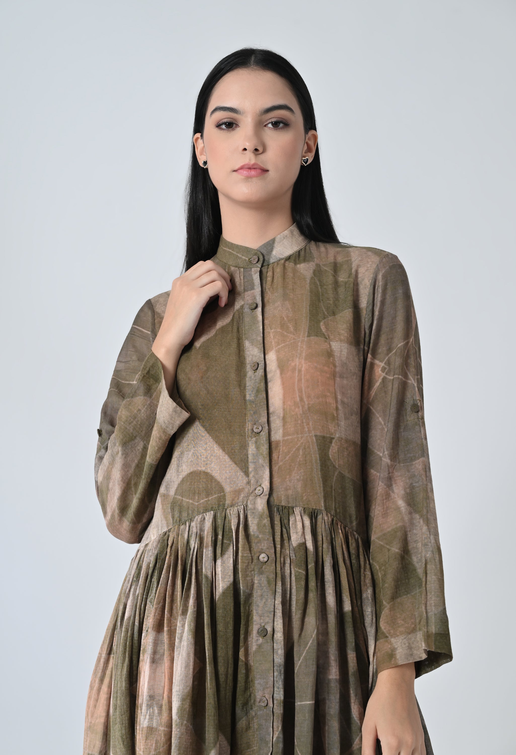 Beige Earth Muse Gathered Waistline Printed Dress