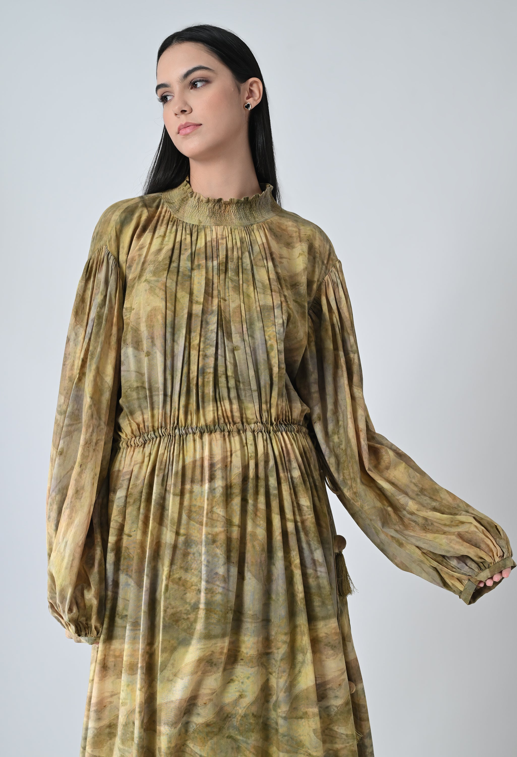 Olive Dye Printed Bloom Long Dress