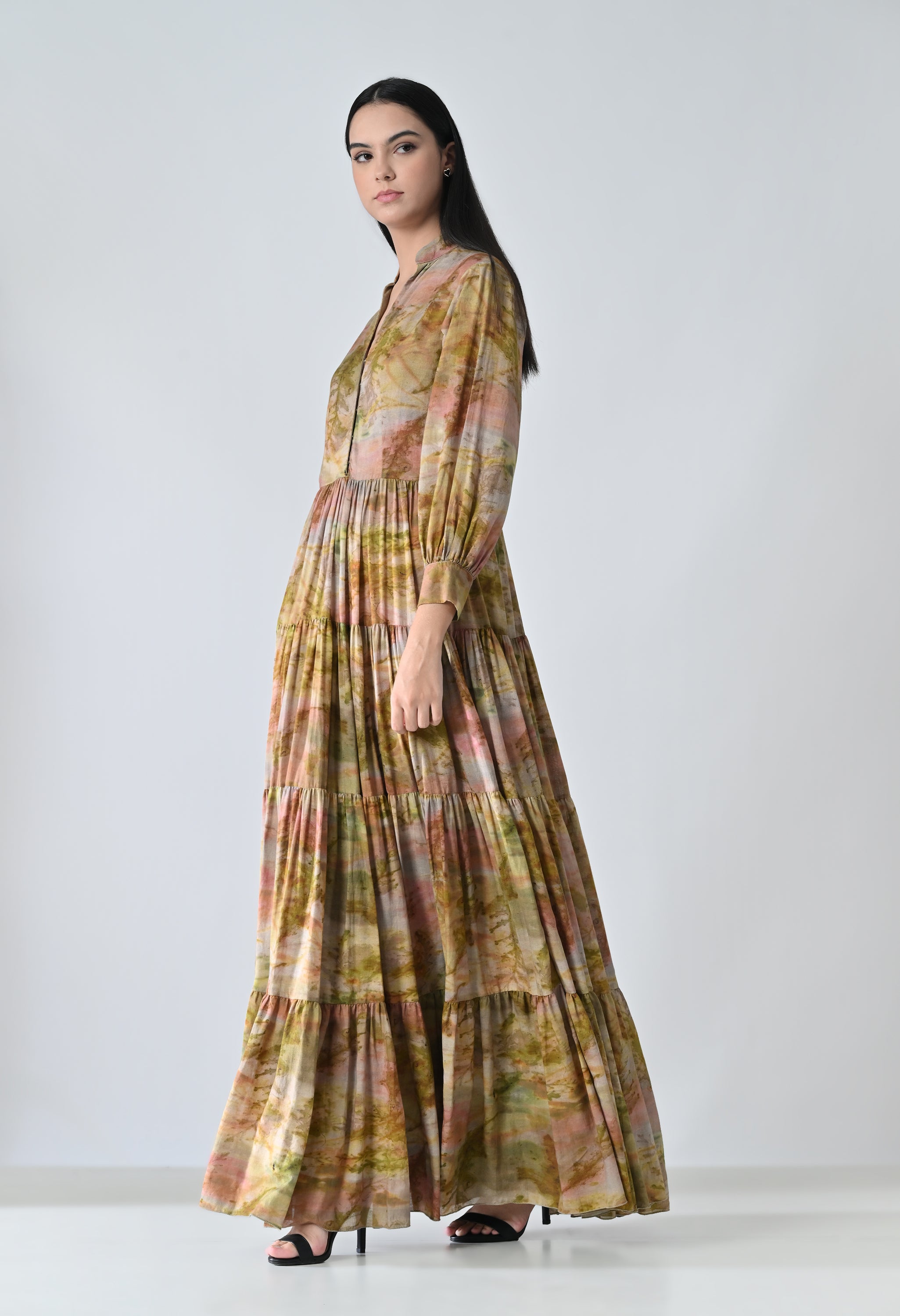 Autumn Biege Bloom Tiered Printed Dress