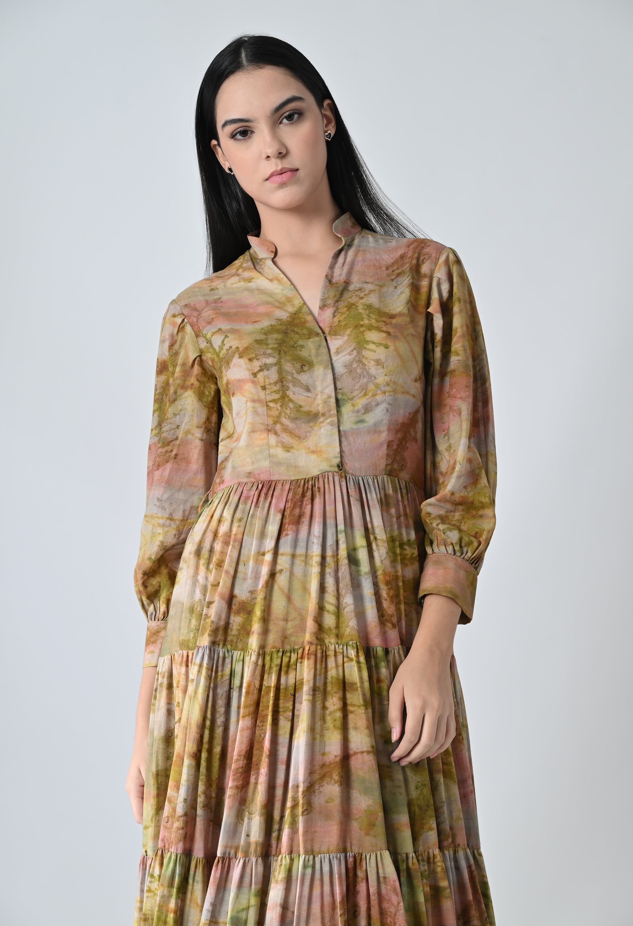 Autumn Biege Bloom Tiered Printed Dress