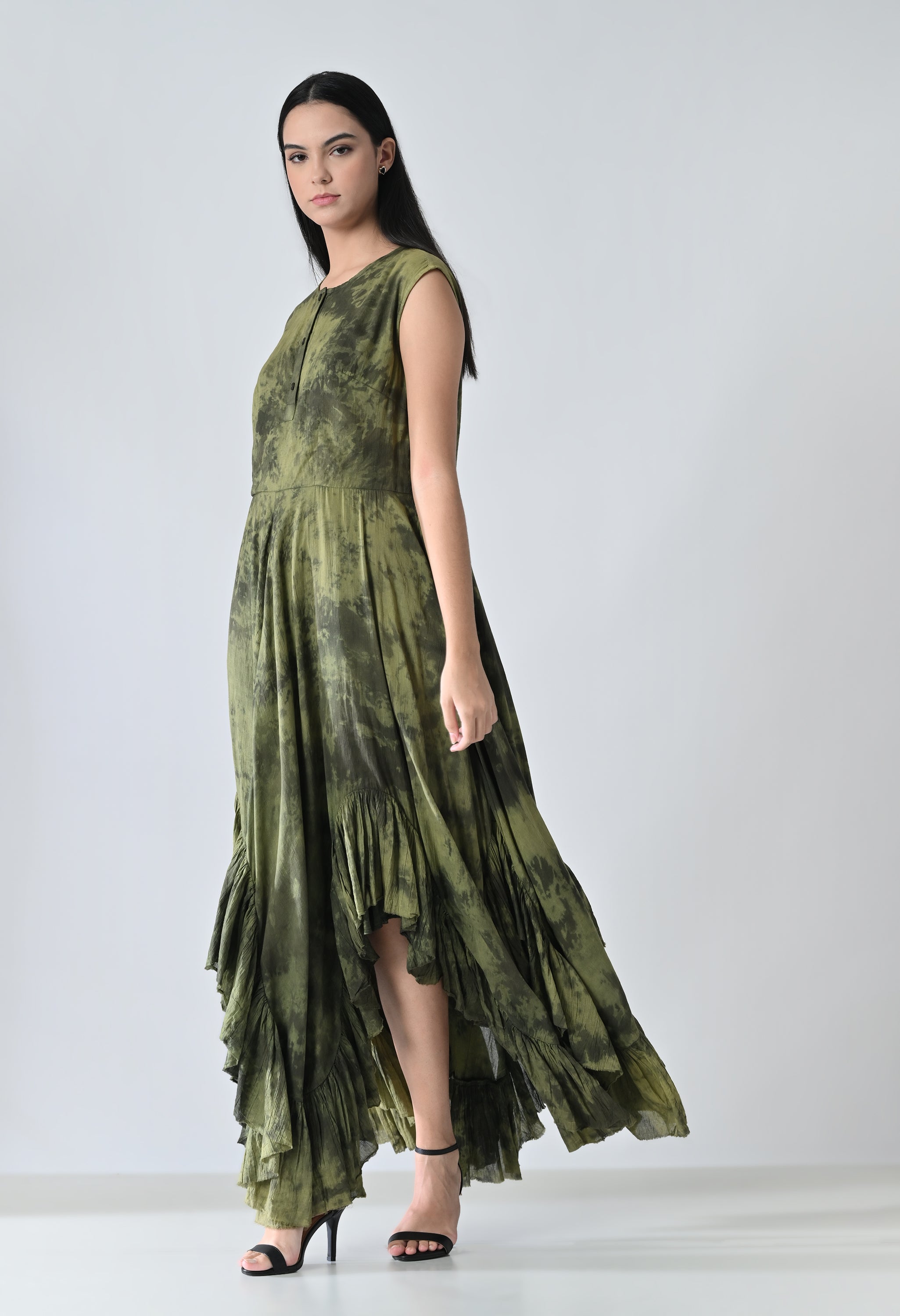 Olive Moss Garden Printed Layered Dress