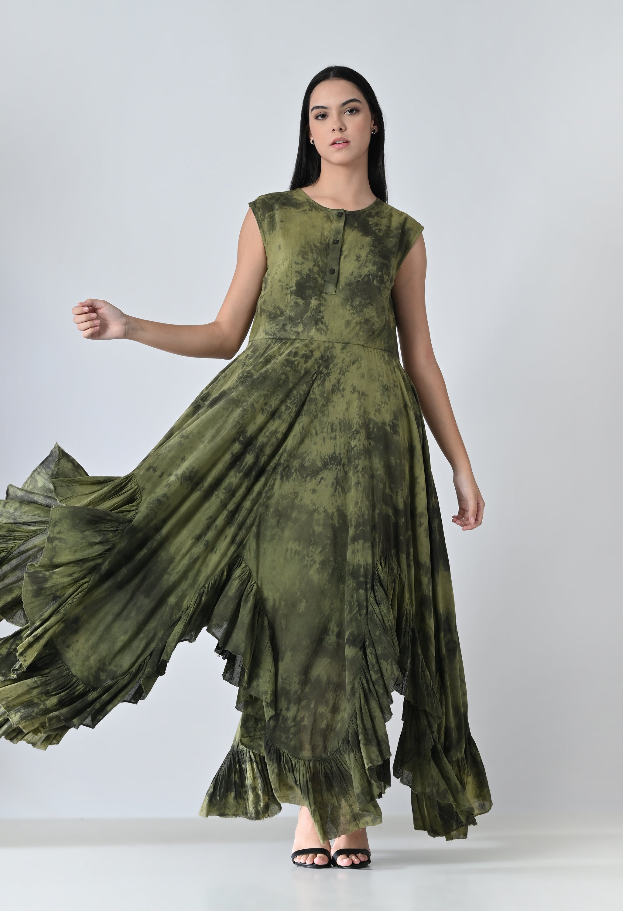 Olive Moss Garden Printed Layered Dress