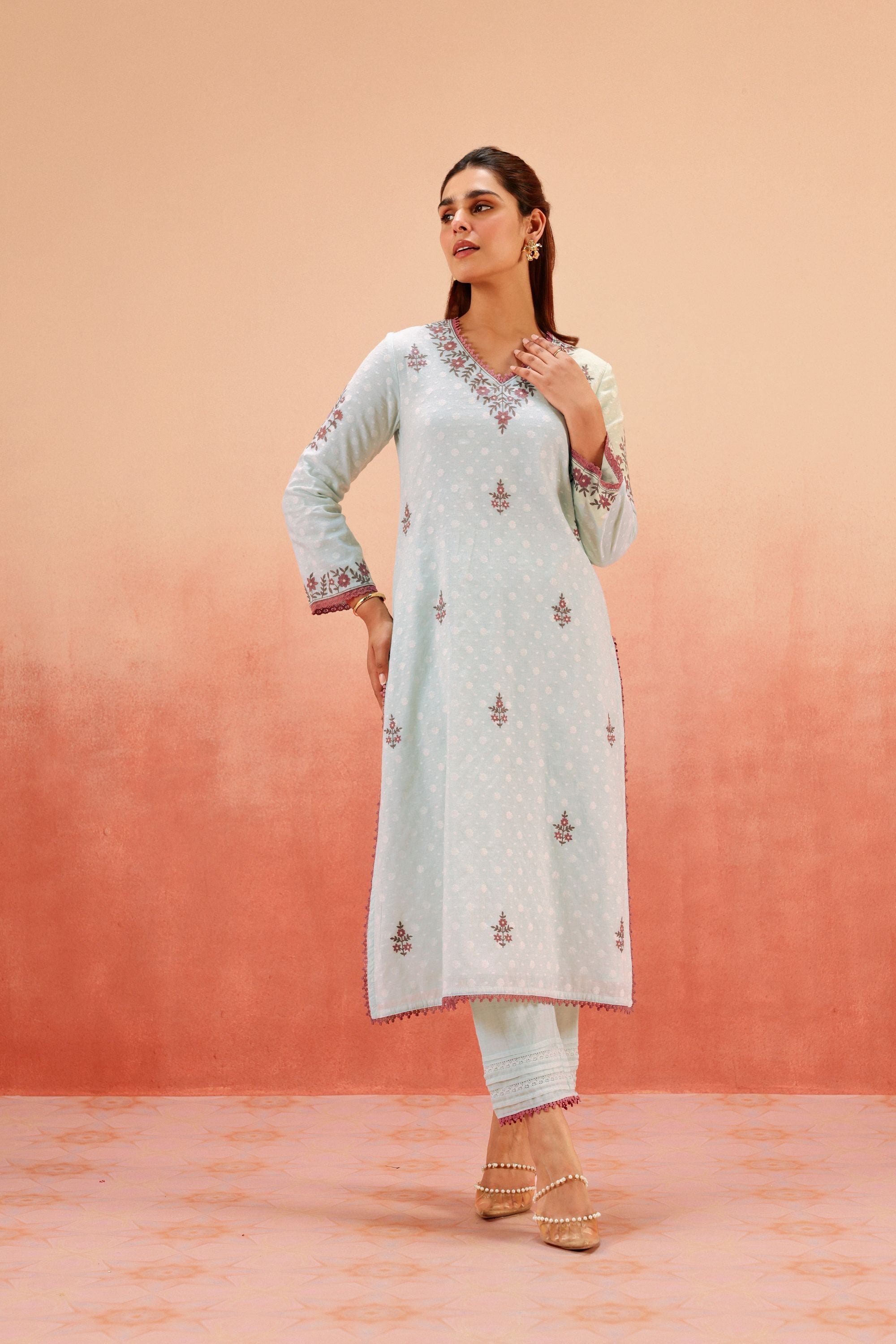 GULBANO BLUE JACQUARD EMBROIDERED KURTA SET
