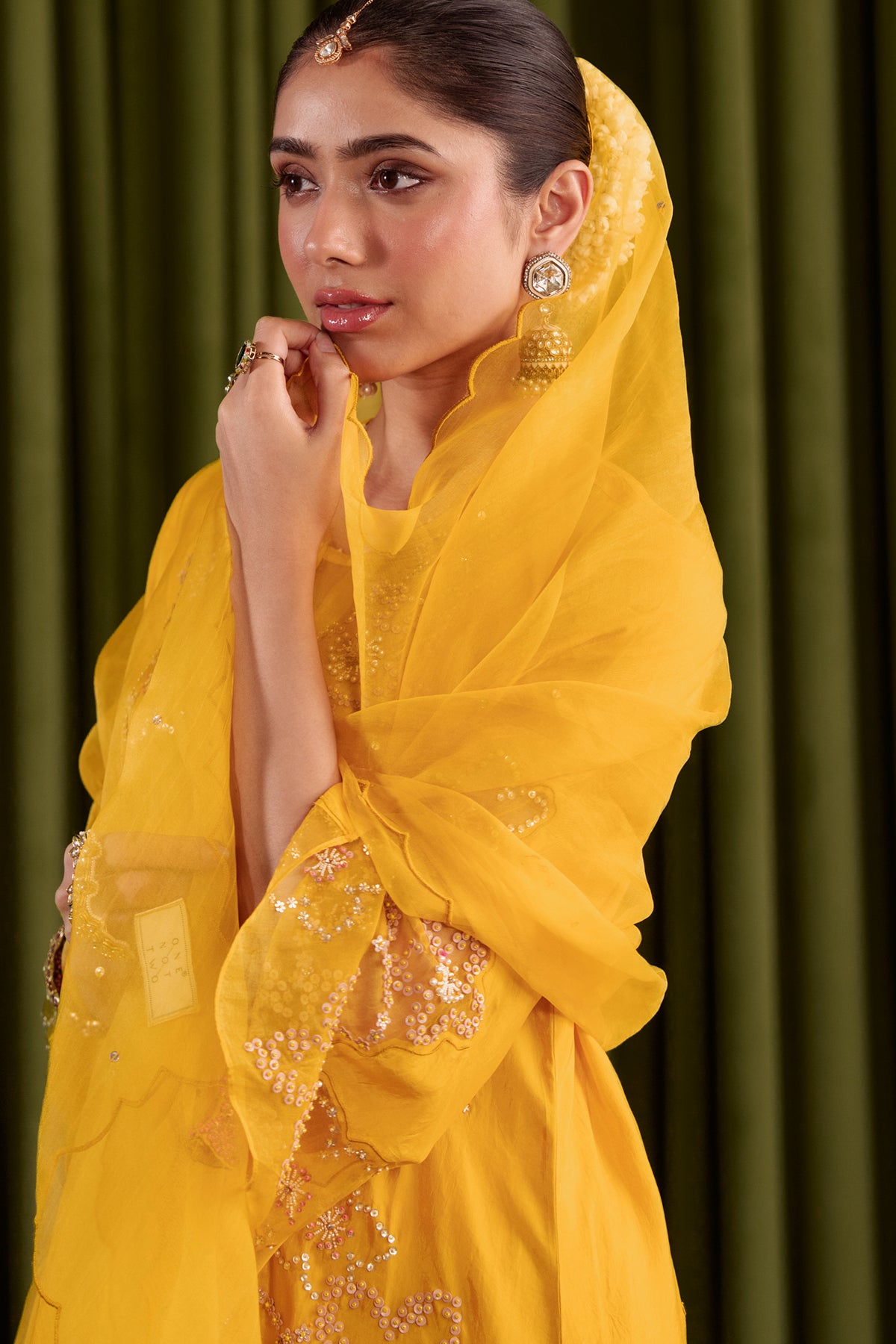 Golden Yellow Kurta set in viscose silk base with intricately hand embroidered yoke and booti design.