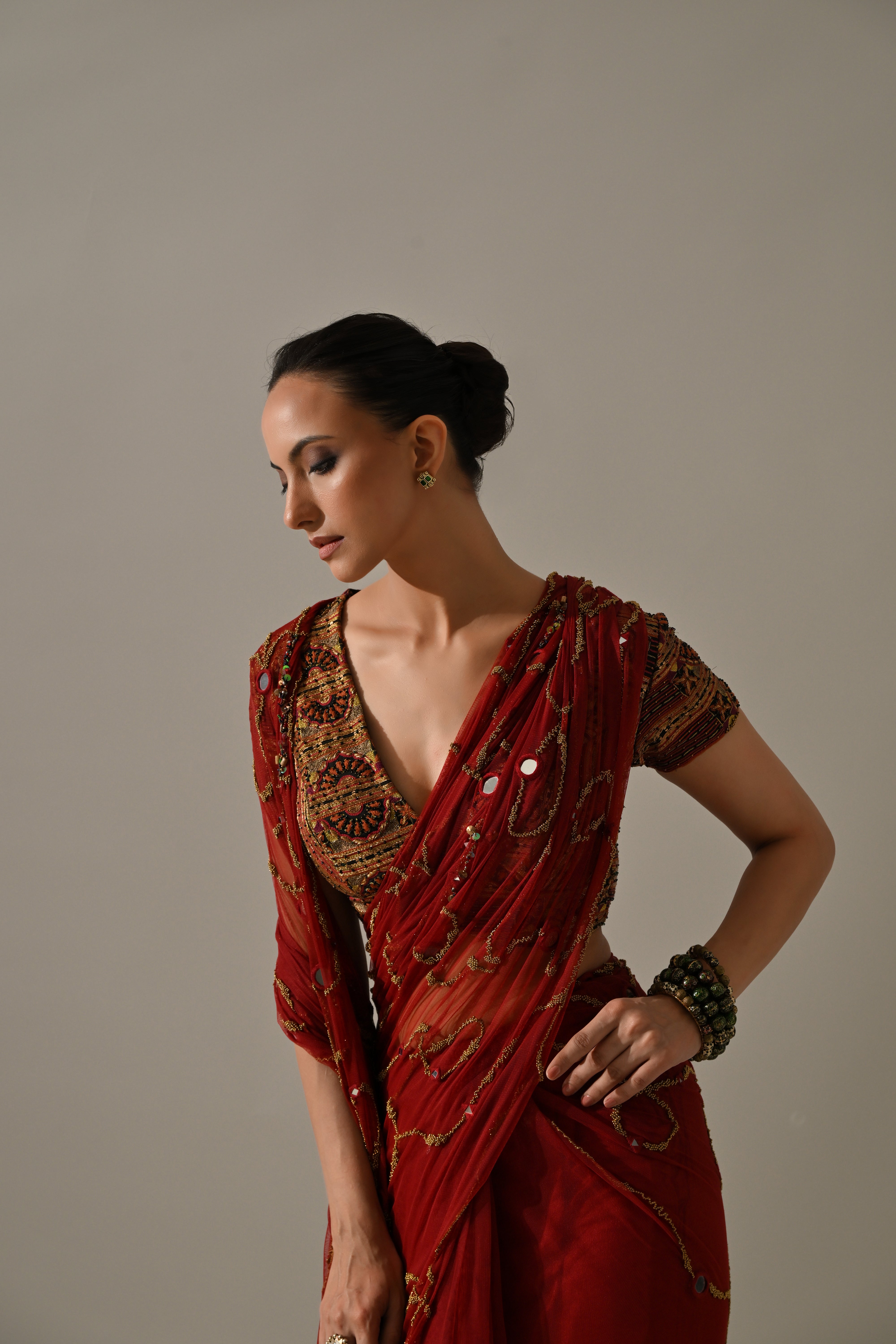 Deep Red Gold Mirror Work Hand Embroidered Saree Set