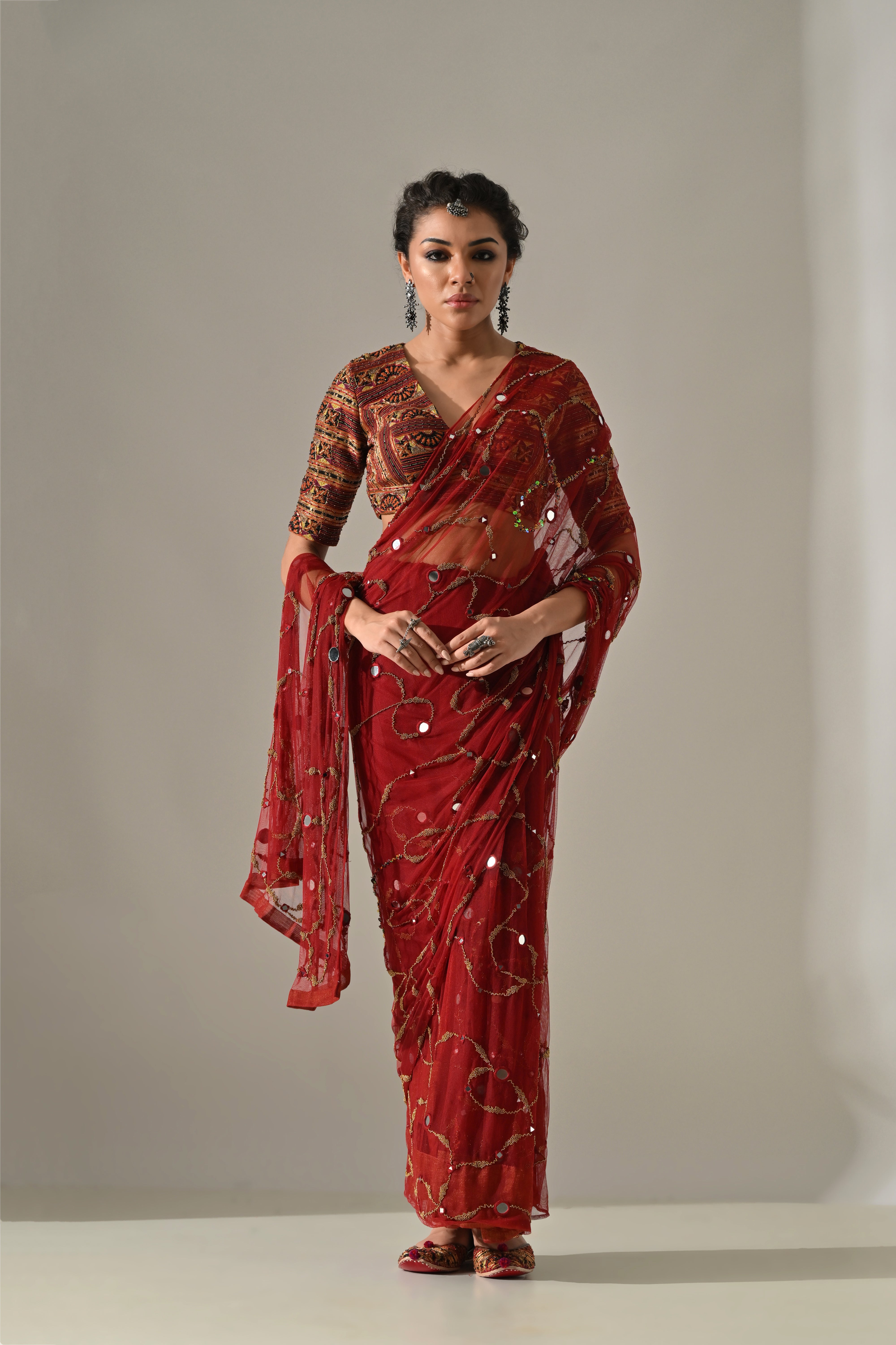Deep Red Gold Mirror Work Hand Embroidered Saree Set