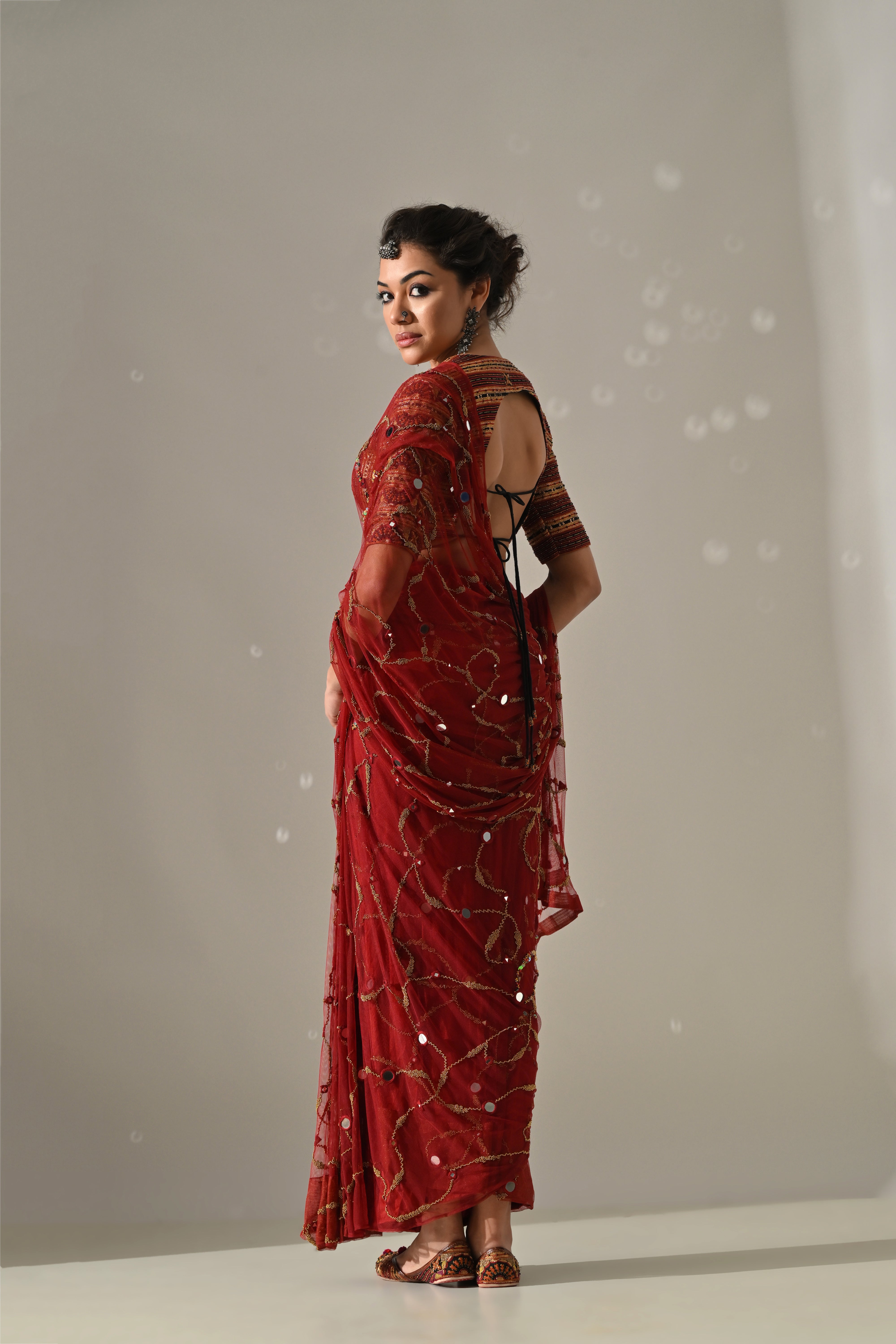 Deep Red Gold Mirror Work Hand Embroidered Saree Set