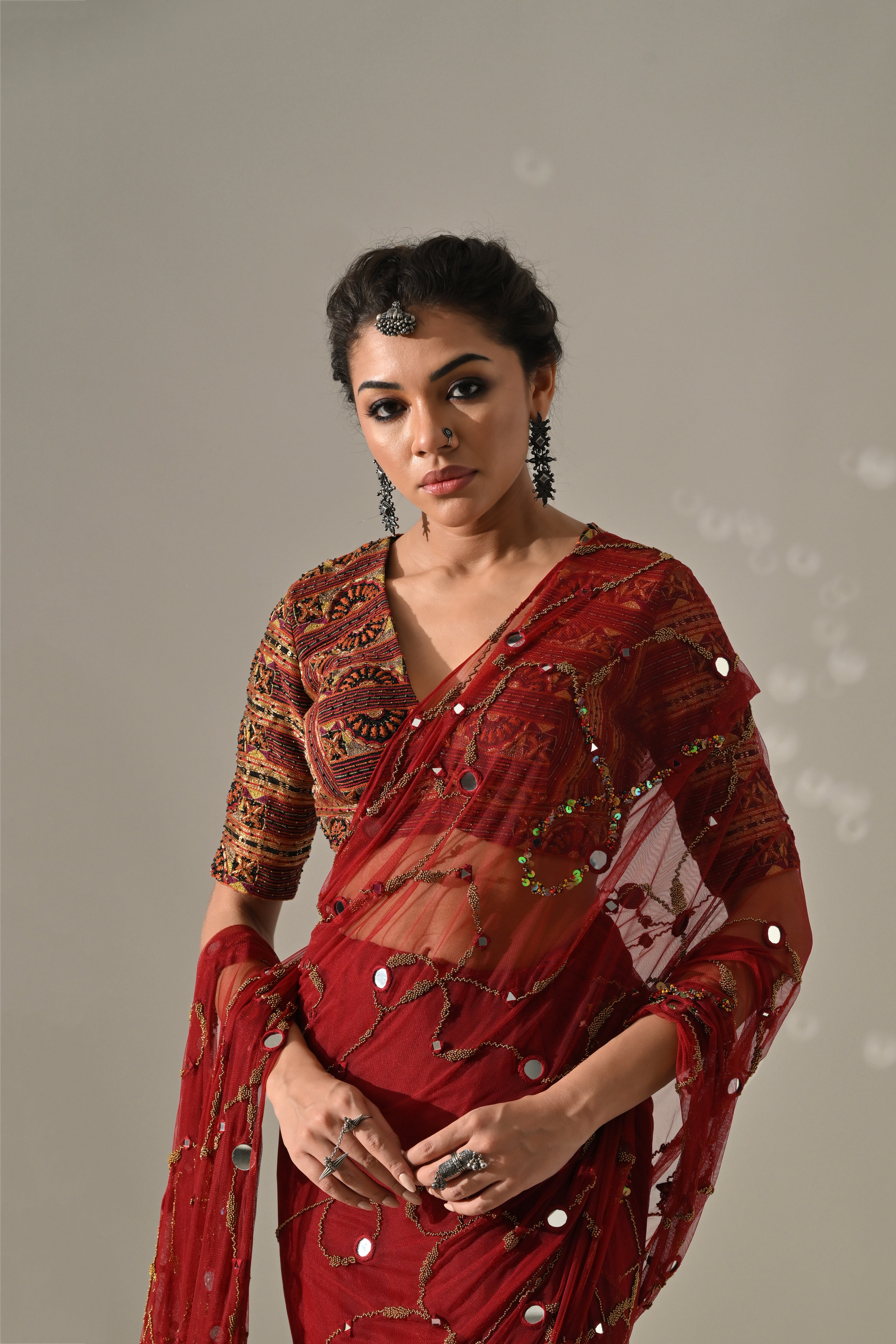 Deep Red Gold Mirror Work Hand Embroidered Saree Set