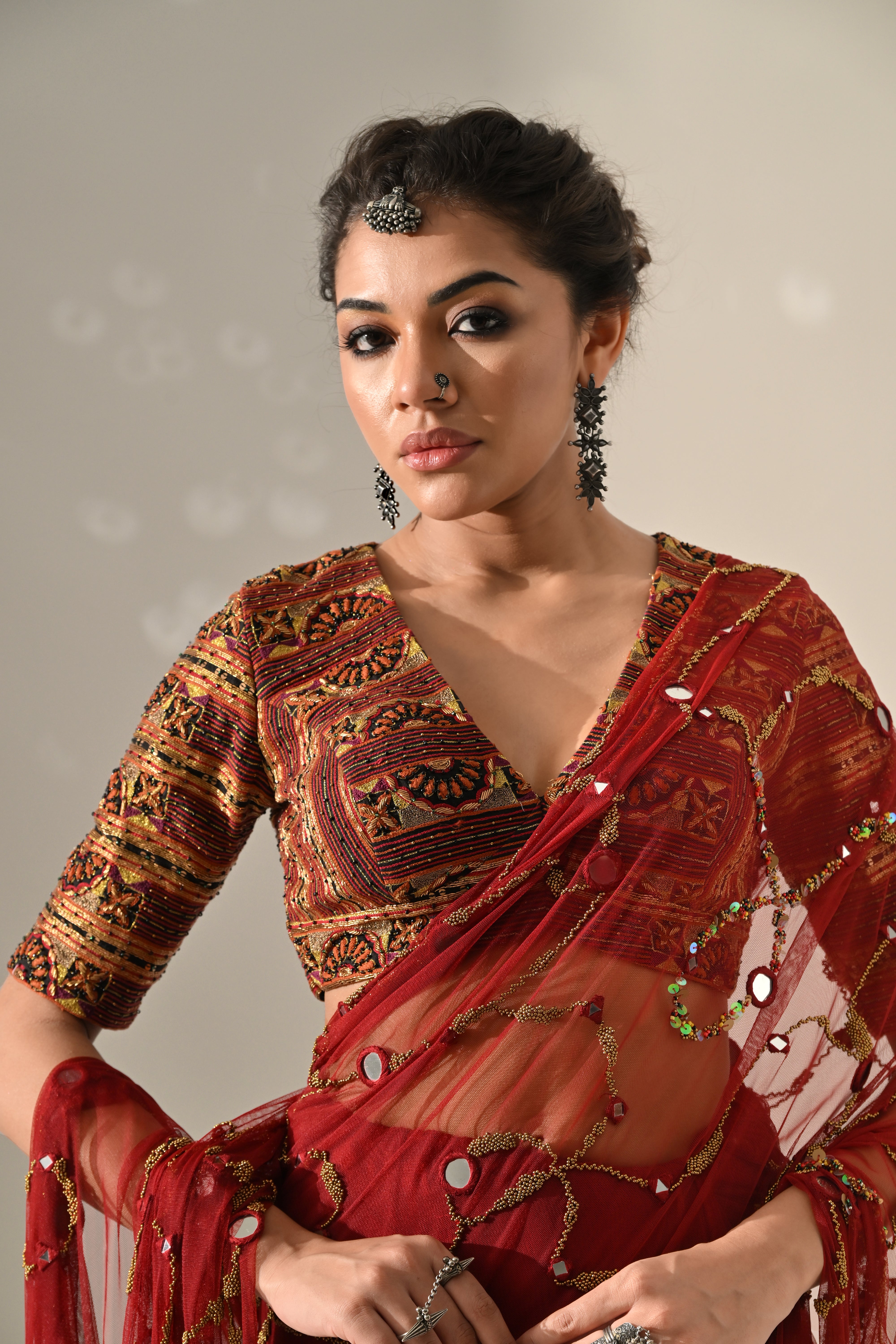 Deep Red Gold Mirror Work Hand Embroidered Saree Set