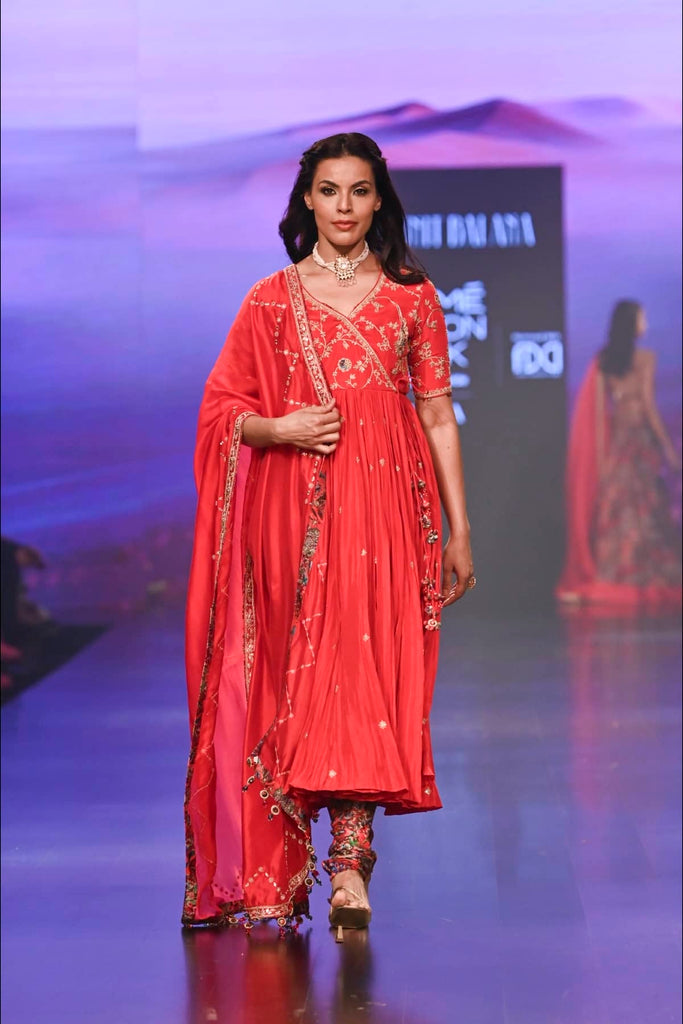 Surkh Laal Hand Embroidered Angrakha Paired With Printed Gharara & Dupatta