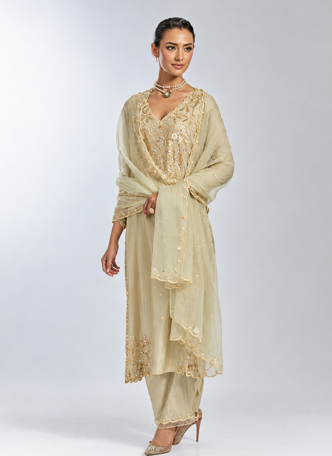 Silver silk organza dupatta with beaded scalloped edges
