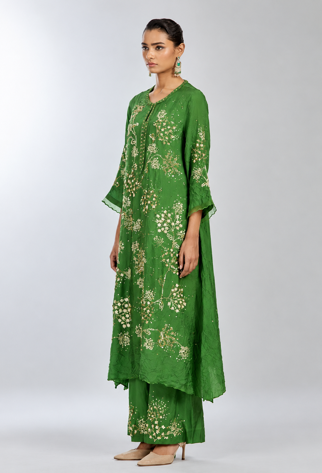 Fern color silk kurta set with intricate floral hand embroidery