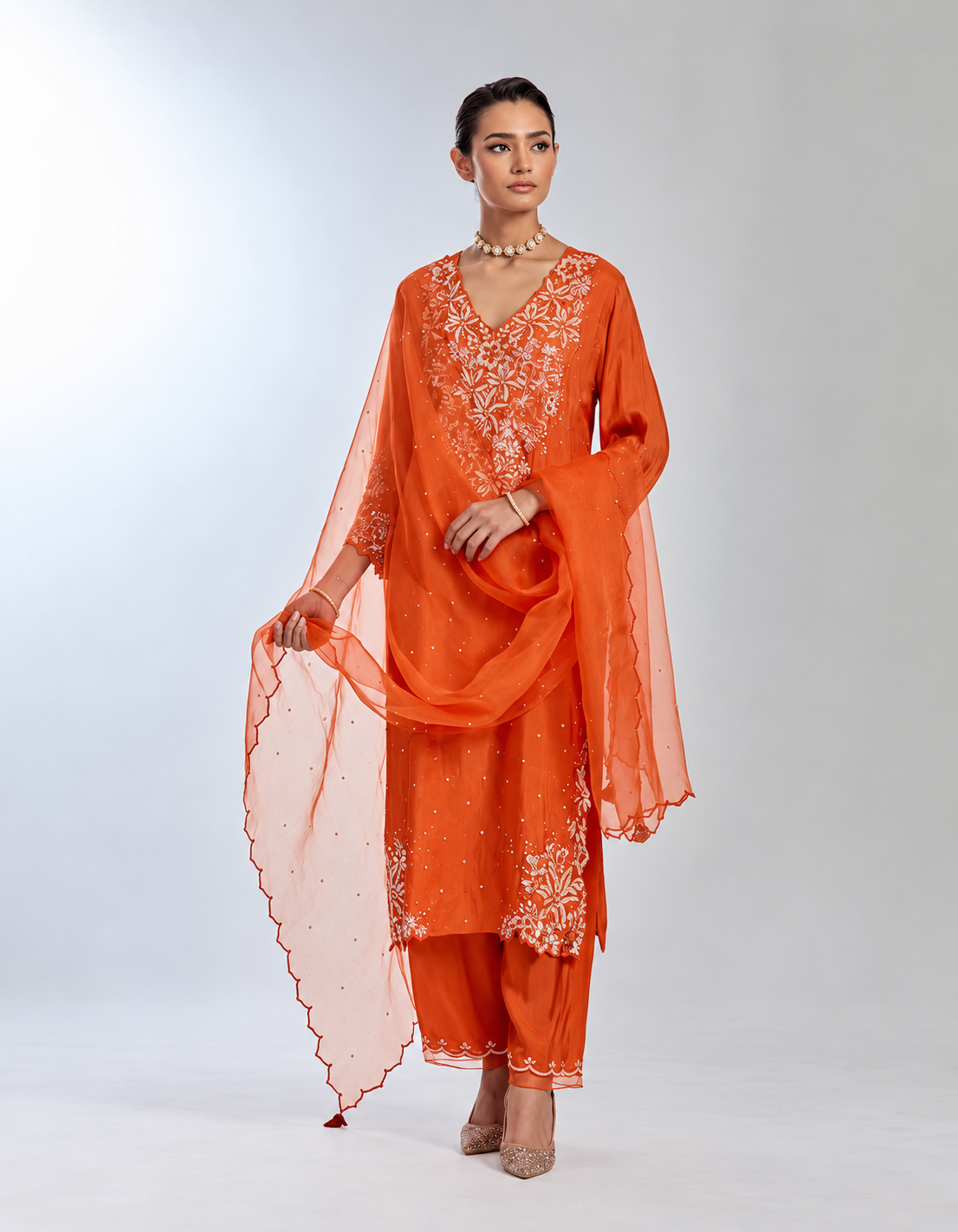 Poppy silk organza dupatta with scalloped edging and sequin detail