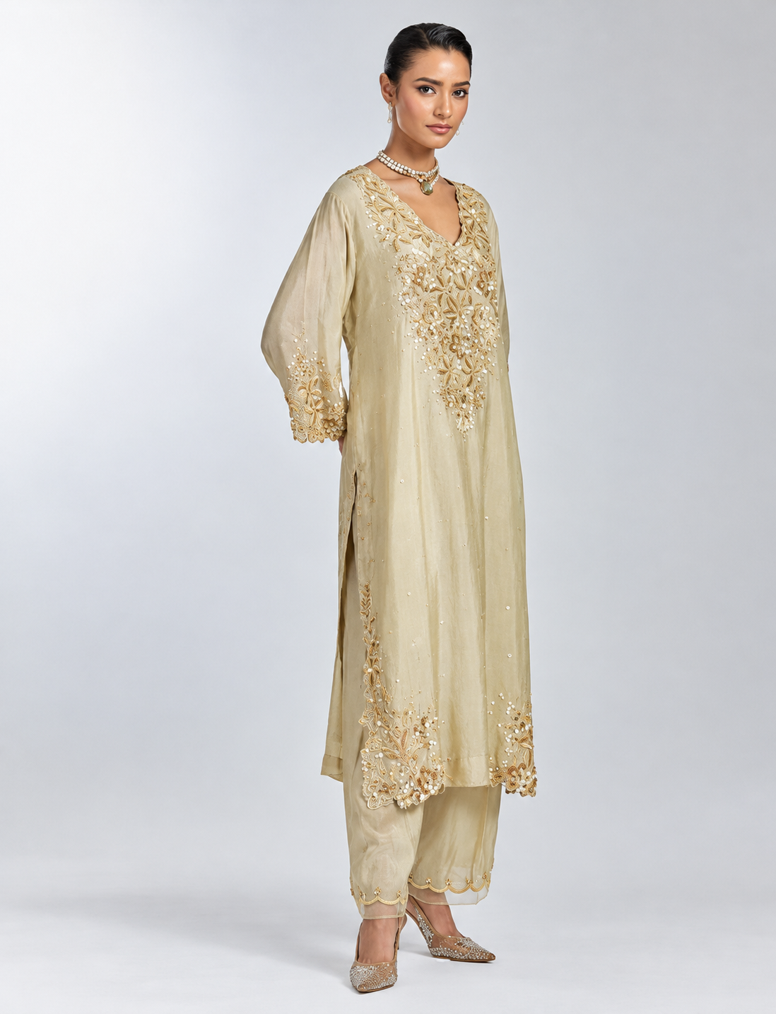 Silver silk straight kurta set with intricate floral hand embroidery